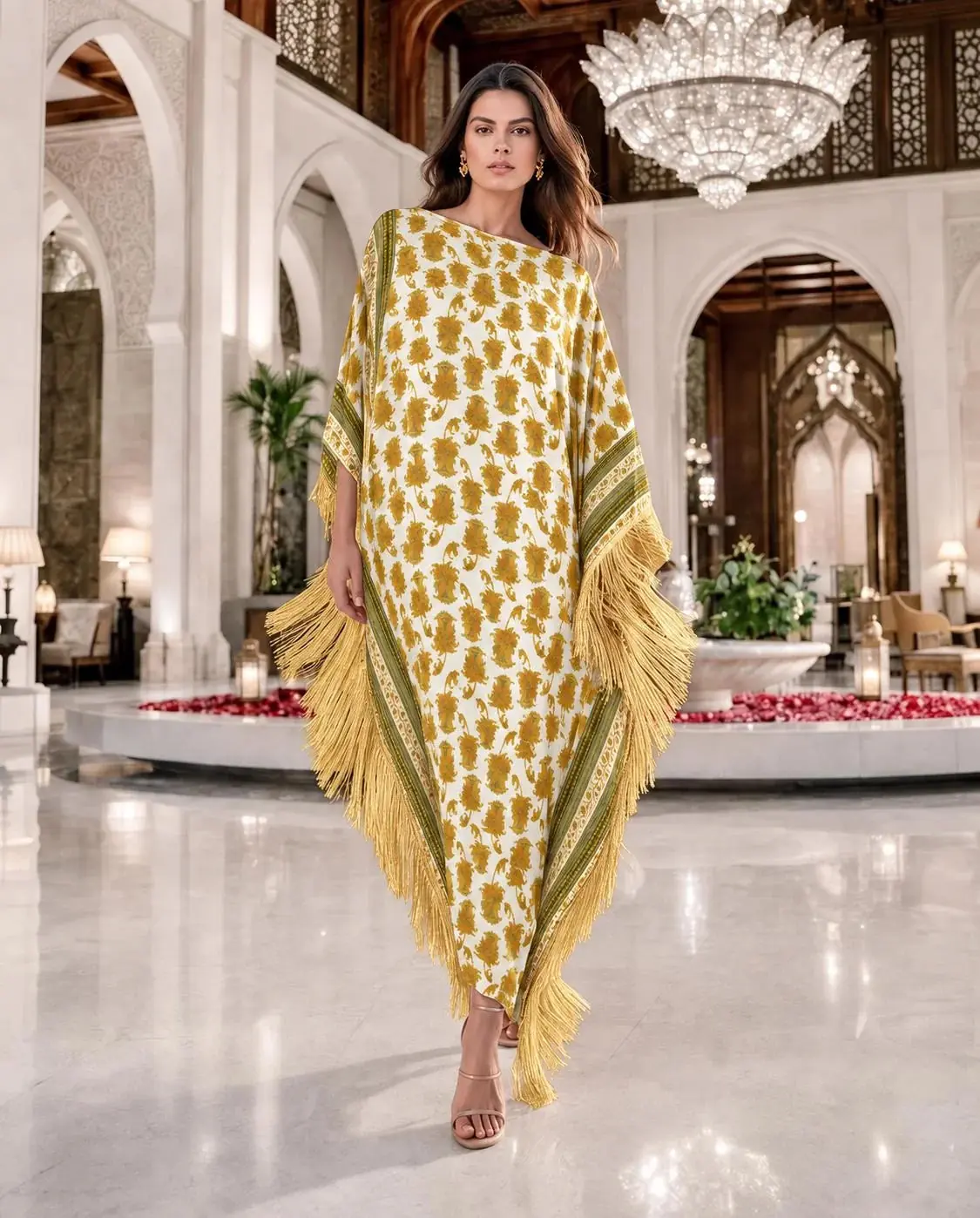 Clarissa Fringed Kaftan – Ivory & Gold