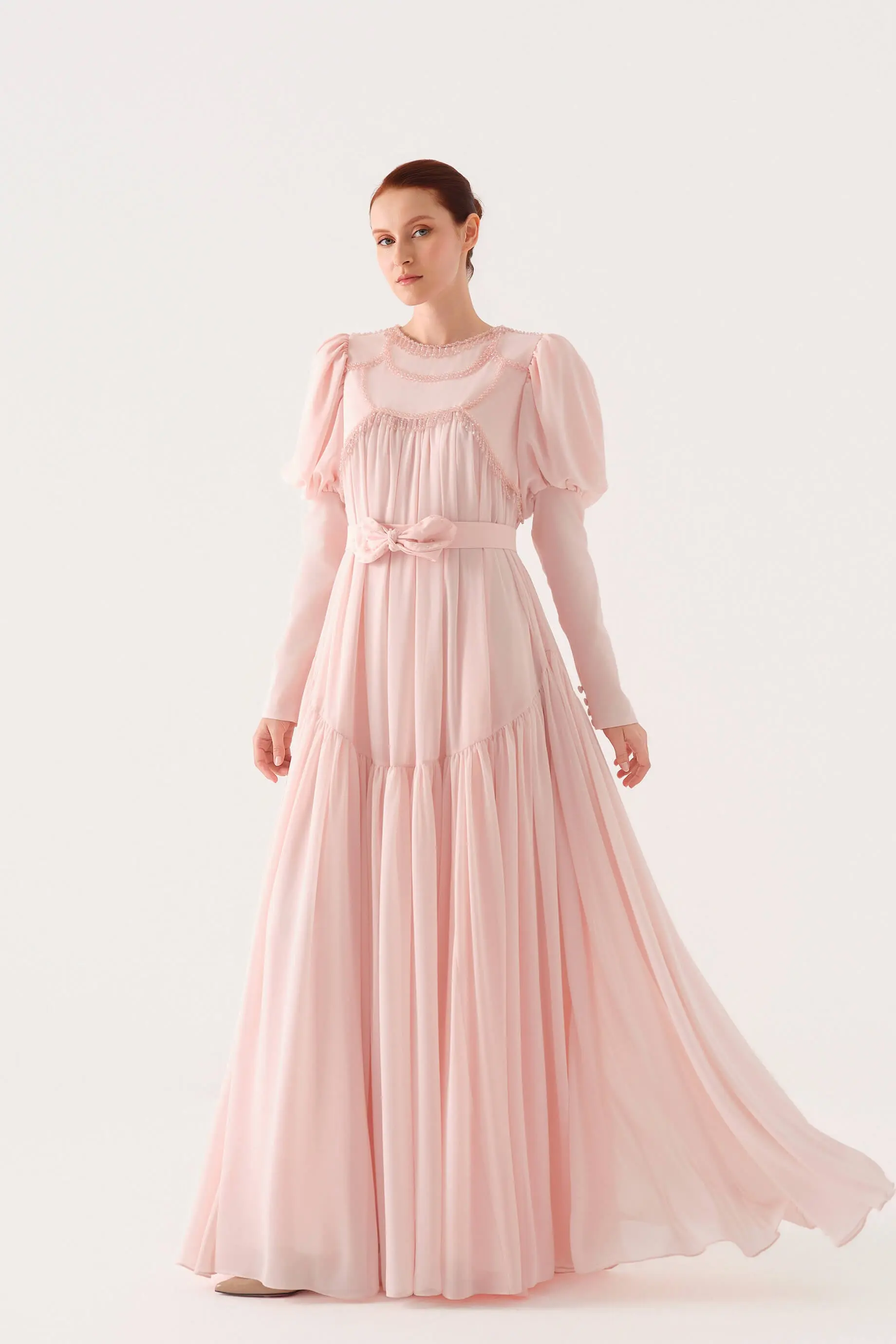 Beaded-Bodice Chiffon Maxi Dress with Bow Belt – Salmon, photo 2