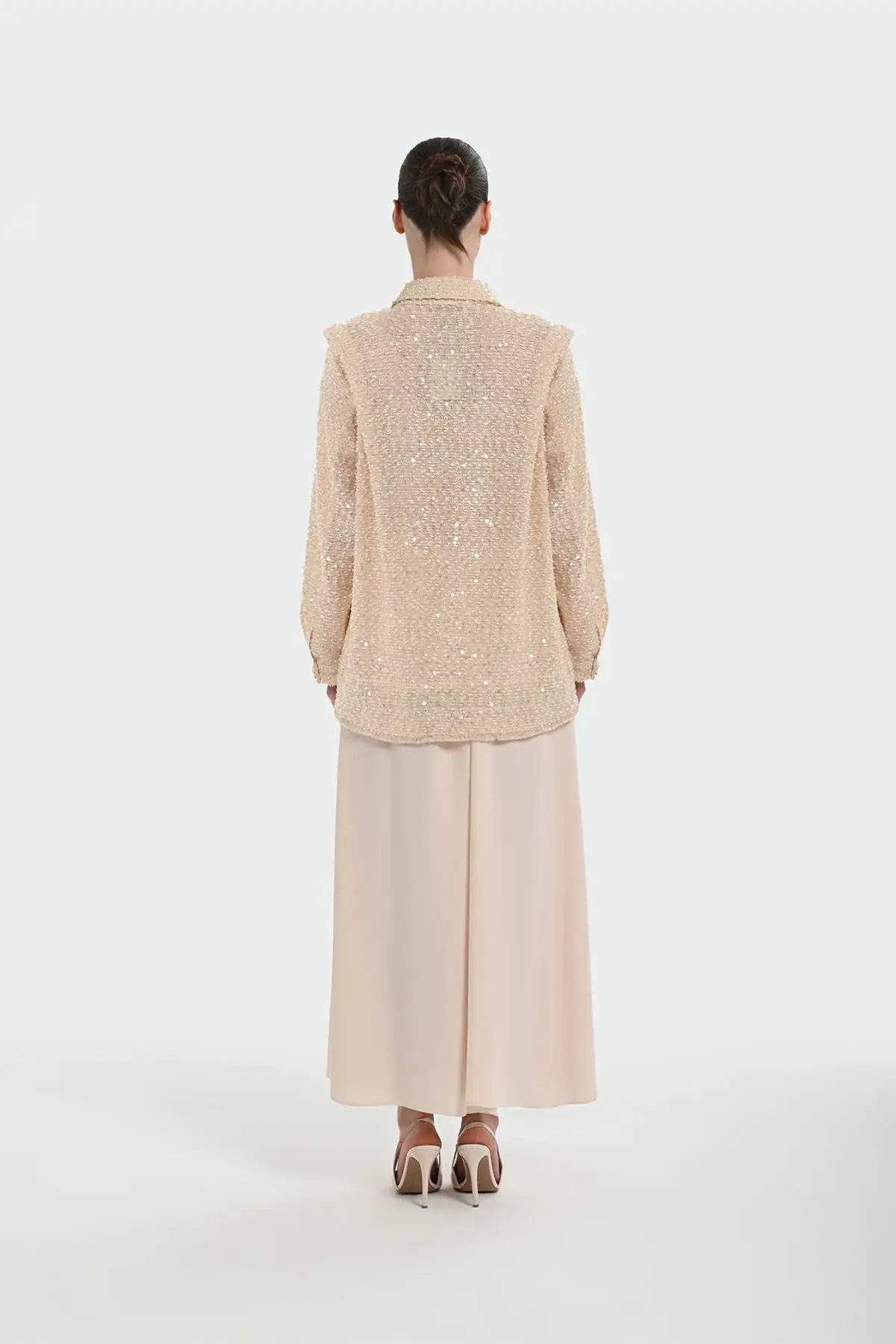 Sequin Embellished Shirt-Collar Jacket — Cream, photo 4