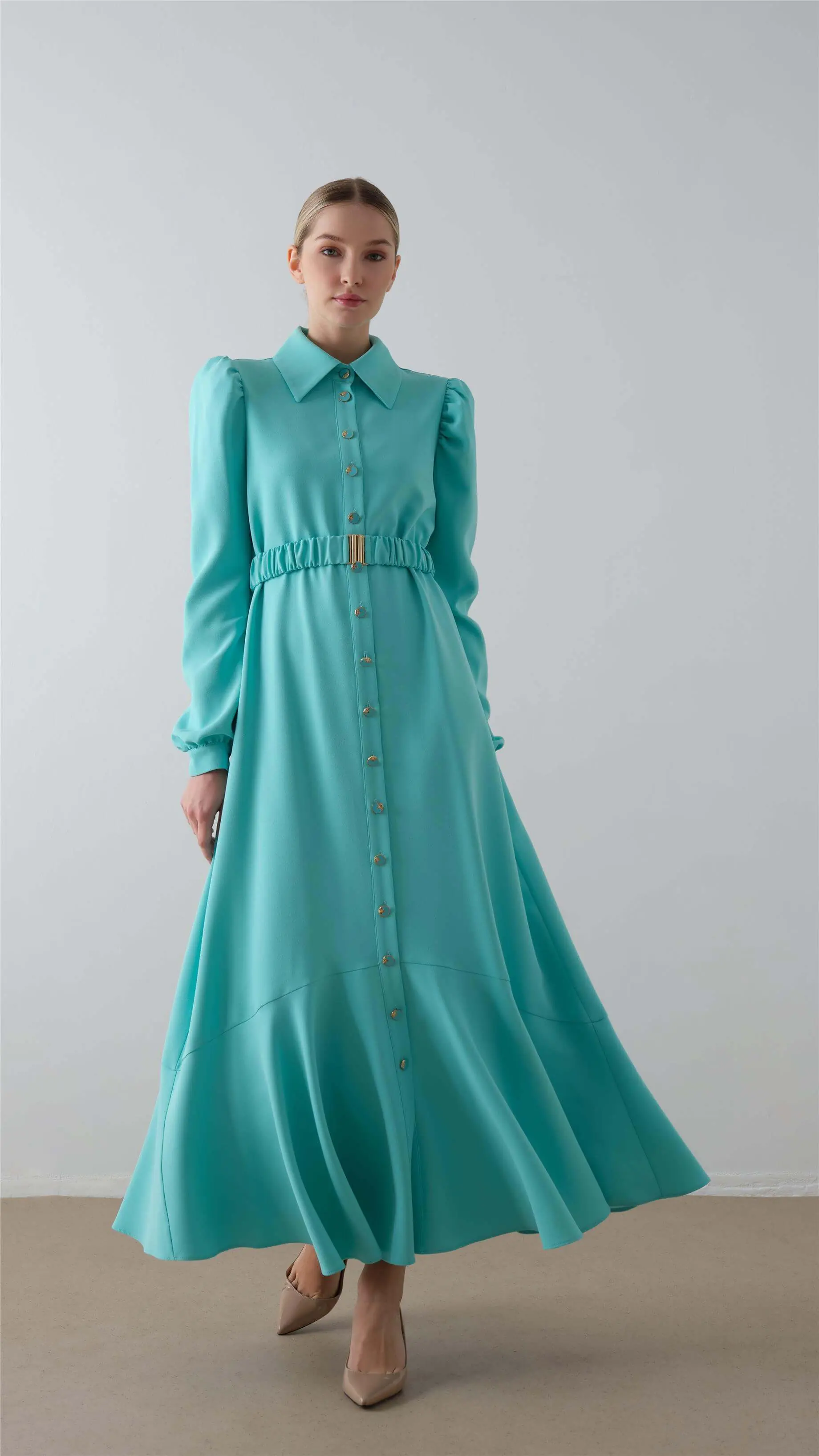 Belted Button-Down Crepe Dress – Blue, photo 2