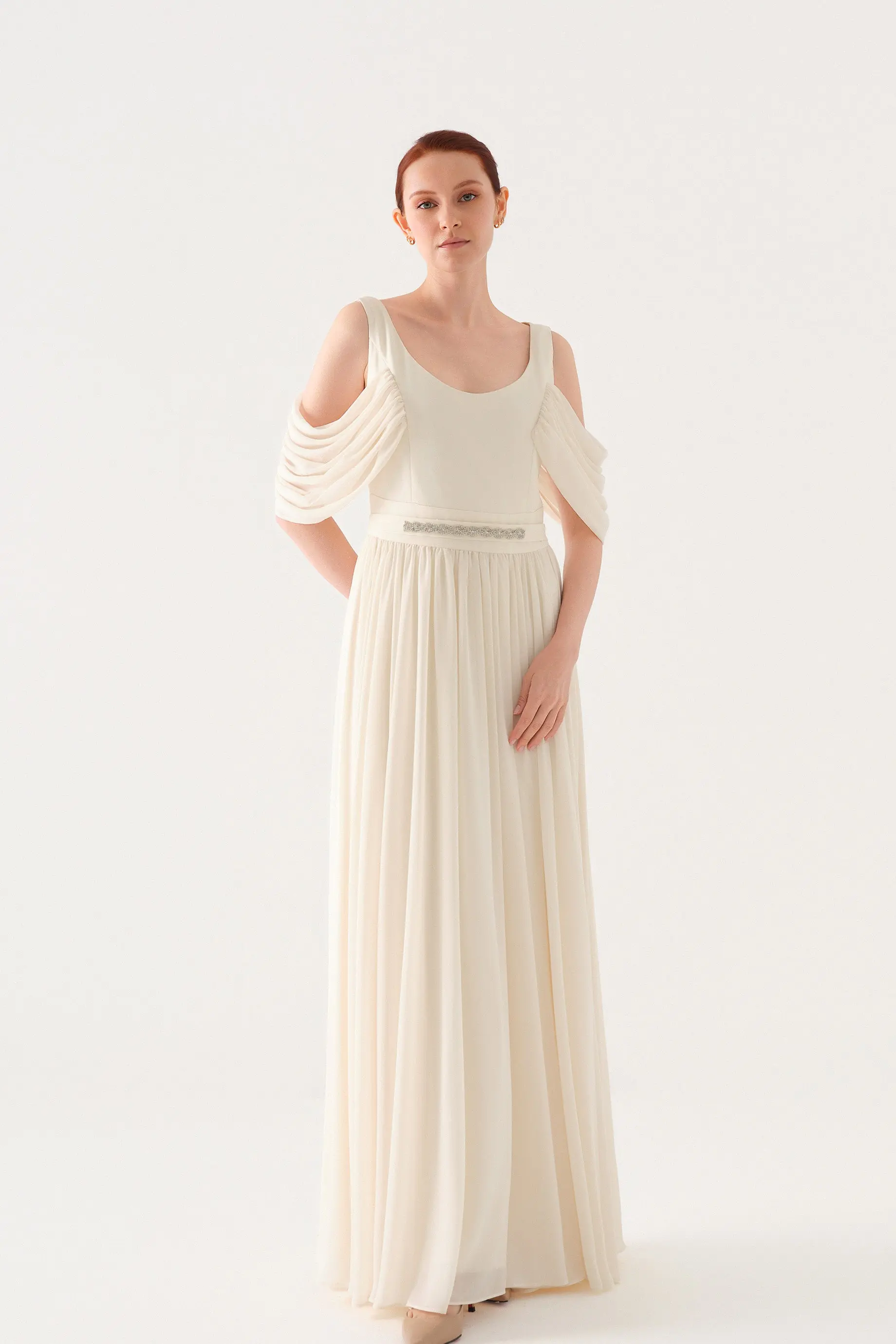 Embellished-Belt Draped Chiffon Maxi Dress – Ecru, photo 8
