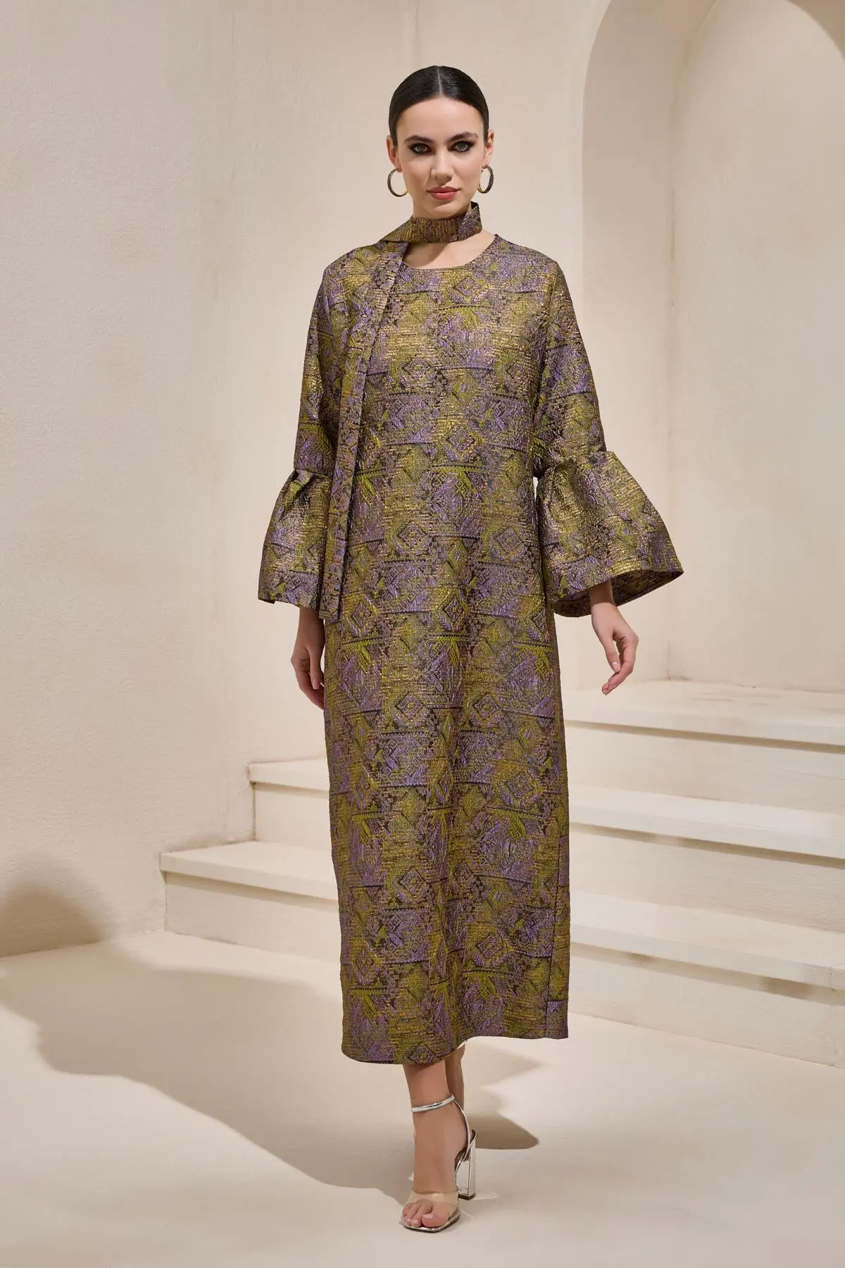 Brocade Maxi Dress – Olive Green