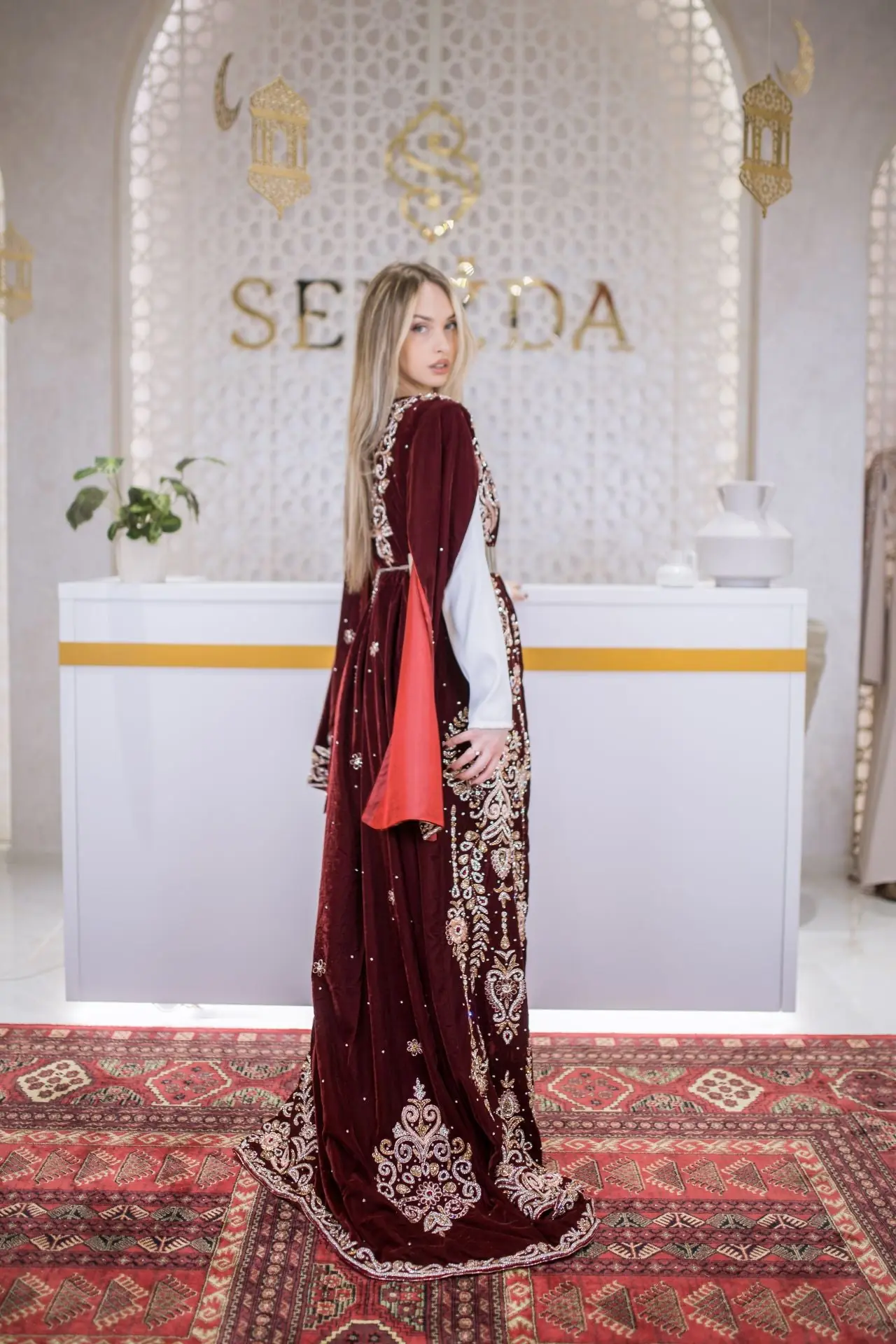 Goldline Couture Embellished Velvet Kaftan – Deep Red, photo 6