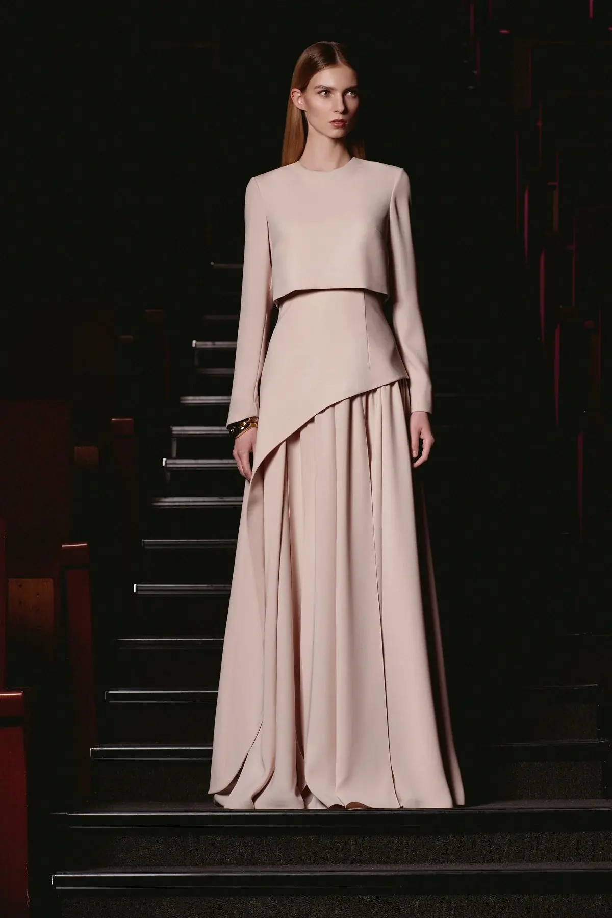 Layered Maxi Evening Dress – Beige
