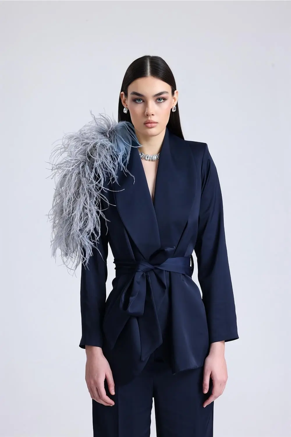 Luminara Ember Feather-Shoulder Set — Navy Blue, photo 2