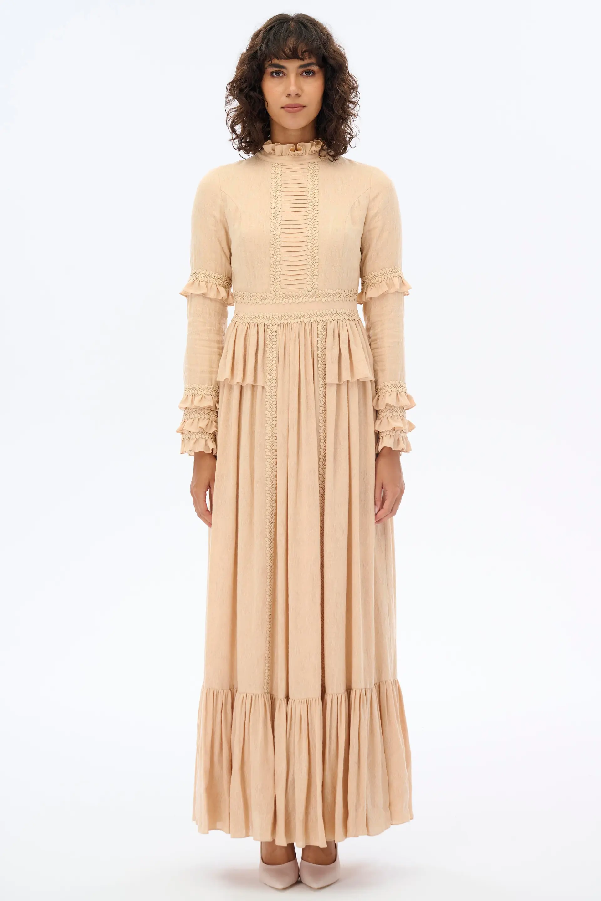 High-Neck Lace-Trimmed Maxi Dress - Beige