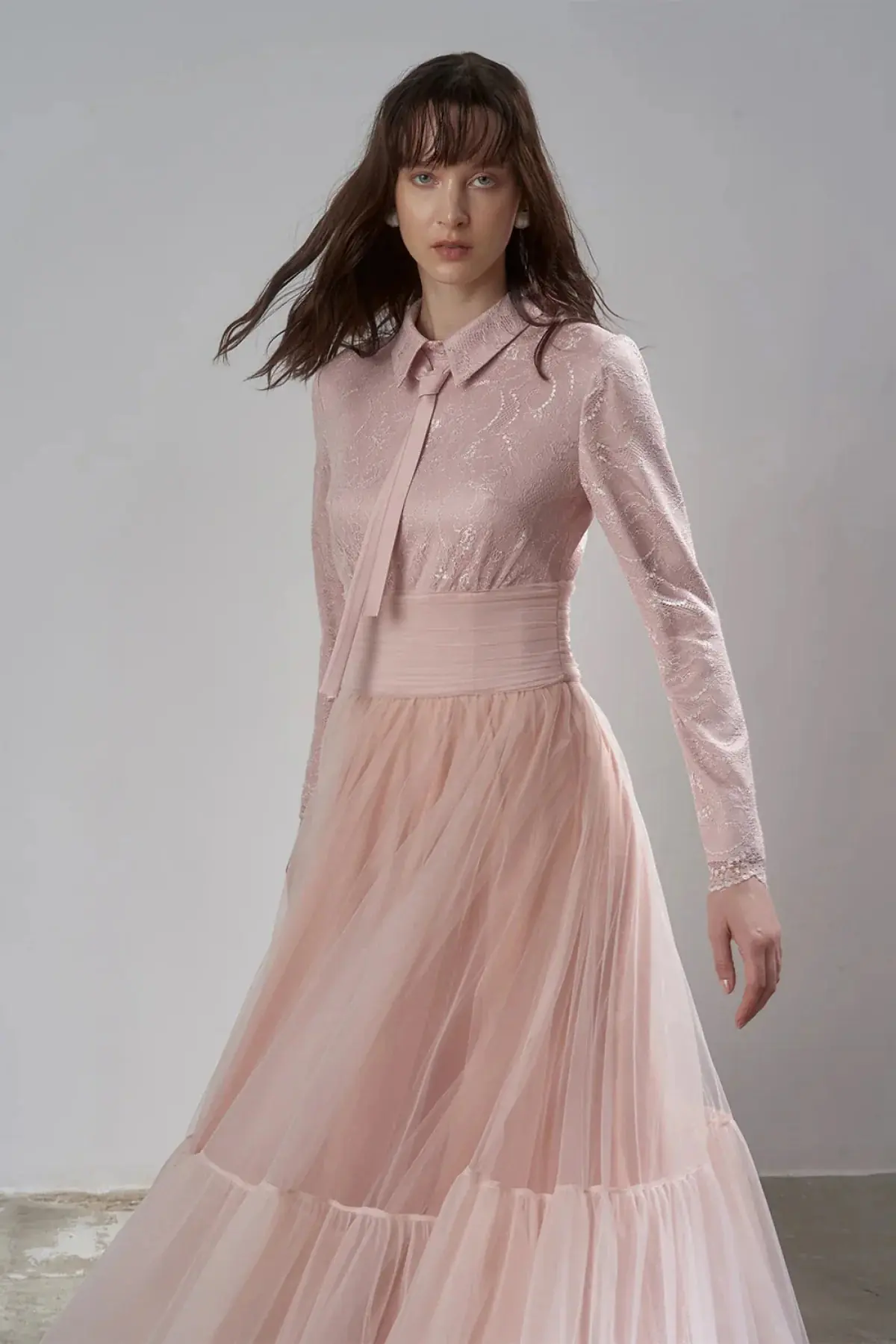 Drape Detailed Tulle Skirt Evening Gown – Powder, photo 2