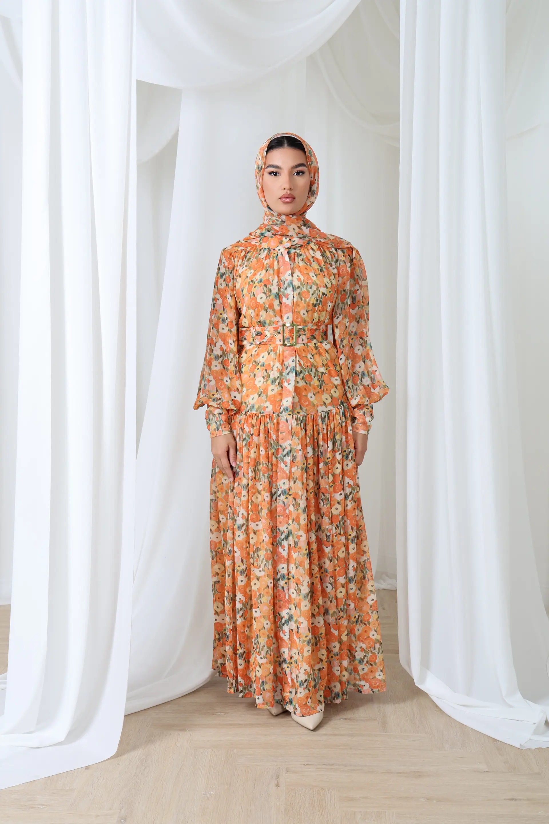 Fall – Floral Chiffon Maxi Dress with Scarf | Modest Luxury, photo 3
