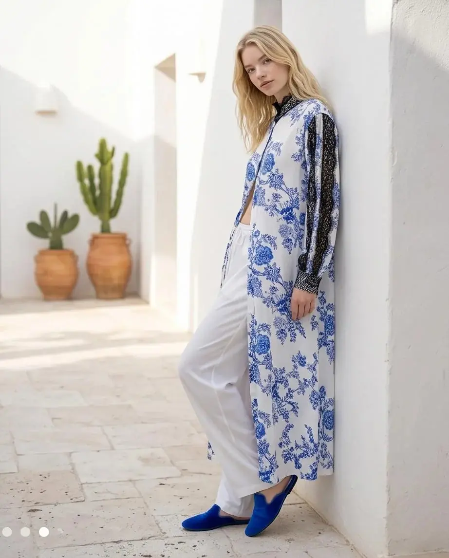 Glenda Luxury Silk Floral Long Shirt – White & Blue, photo 3