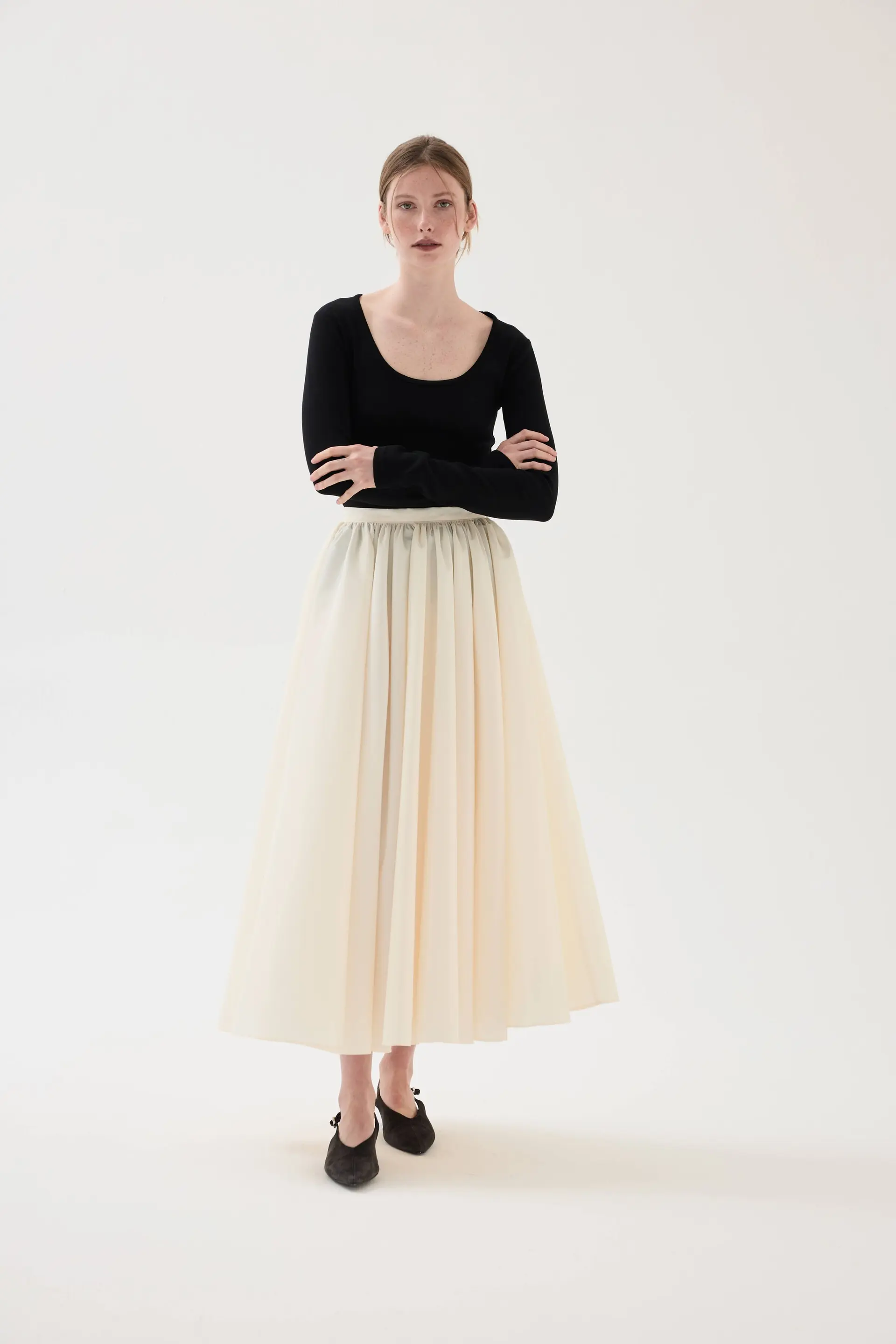 Gathered-Waist Full-Circle Taffeta Maxi Skirt – Ecru