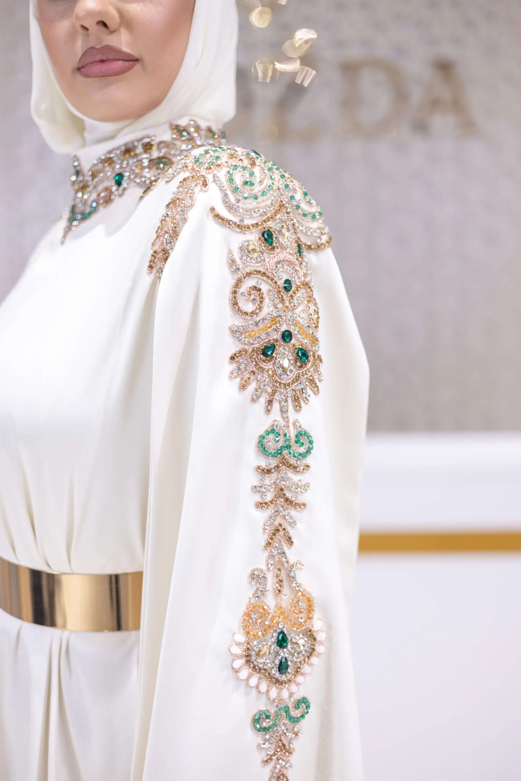 Celestial Bloom Embellished Satin Gown – White, photo 2