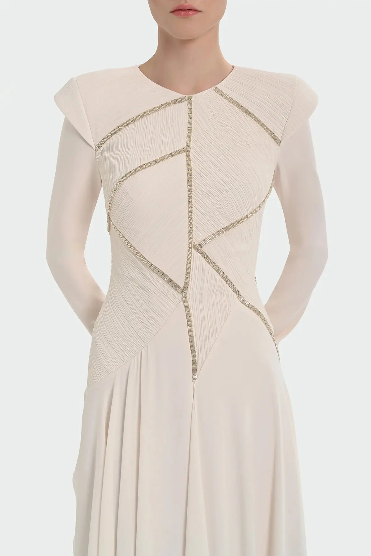 Pleated Evening Dress with Asymmetric Stone Embellishment - Cream, photo 2