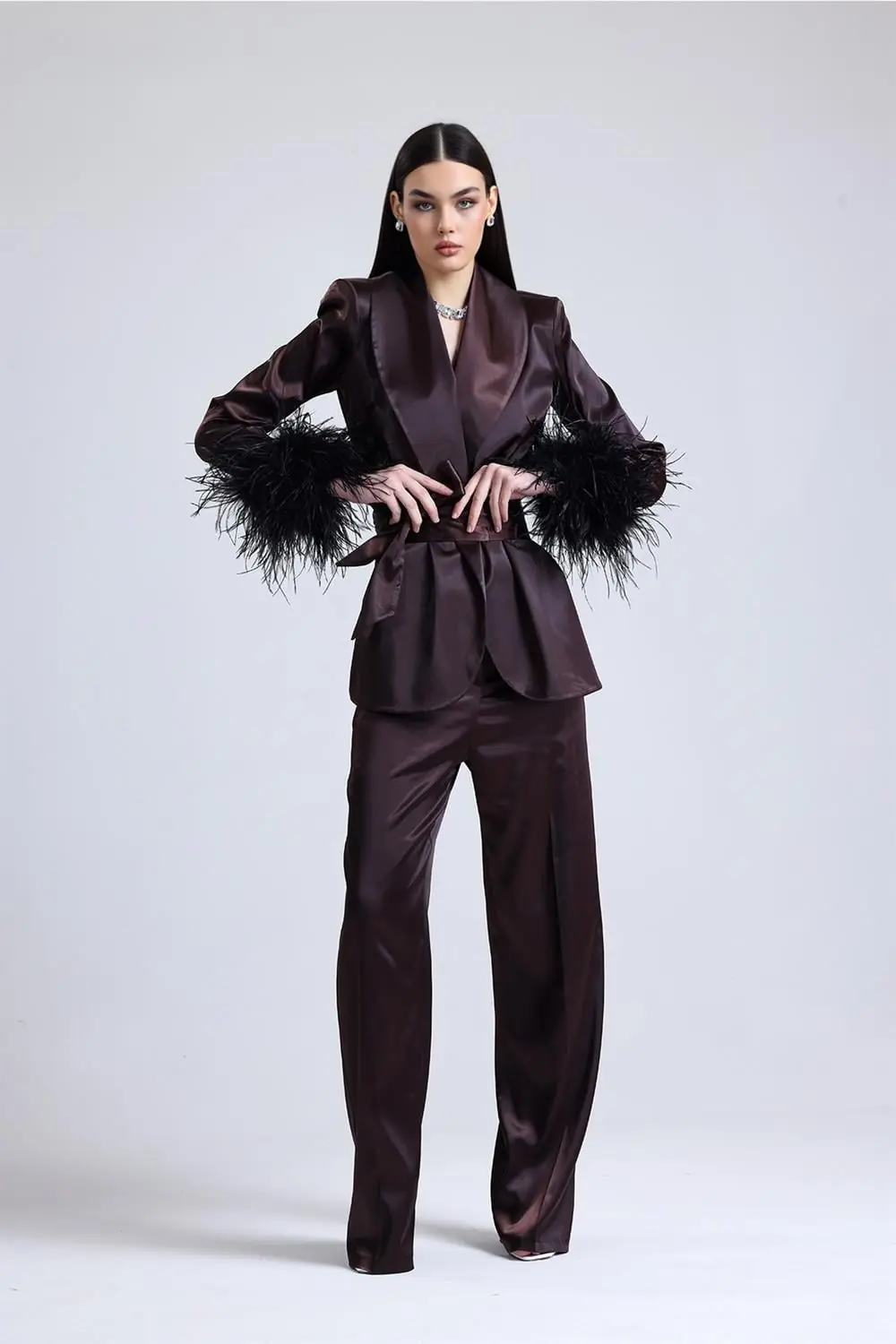 Satin Ember Feather-Sleeve Set — Brown, photo 3