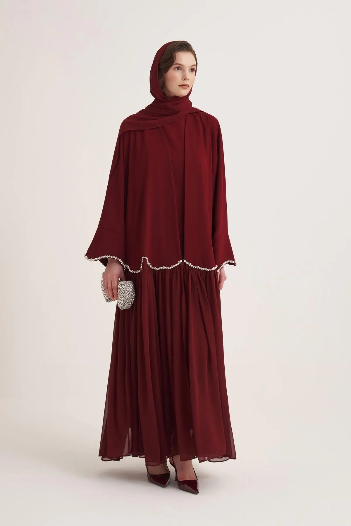 Lina Crystal Abaya & Scarf – Burgundy