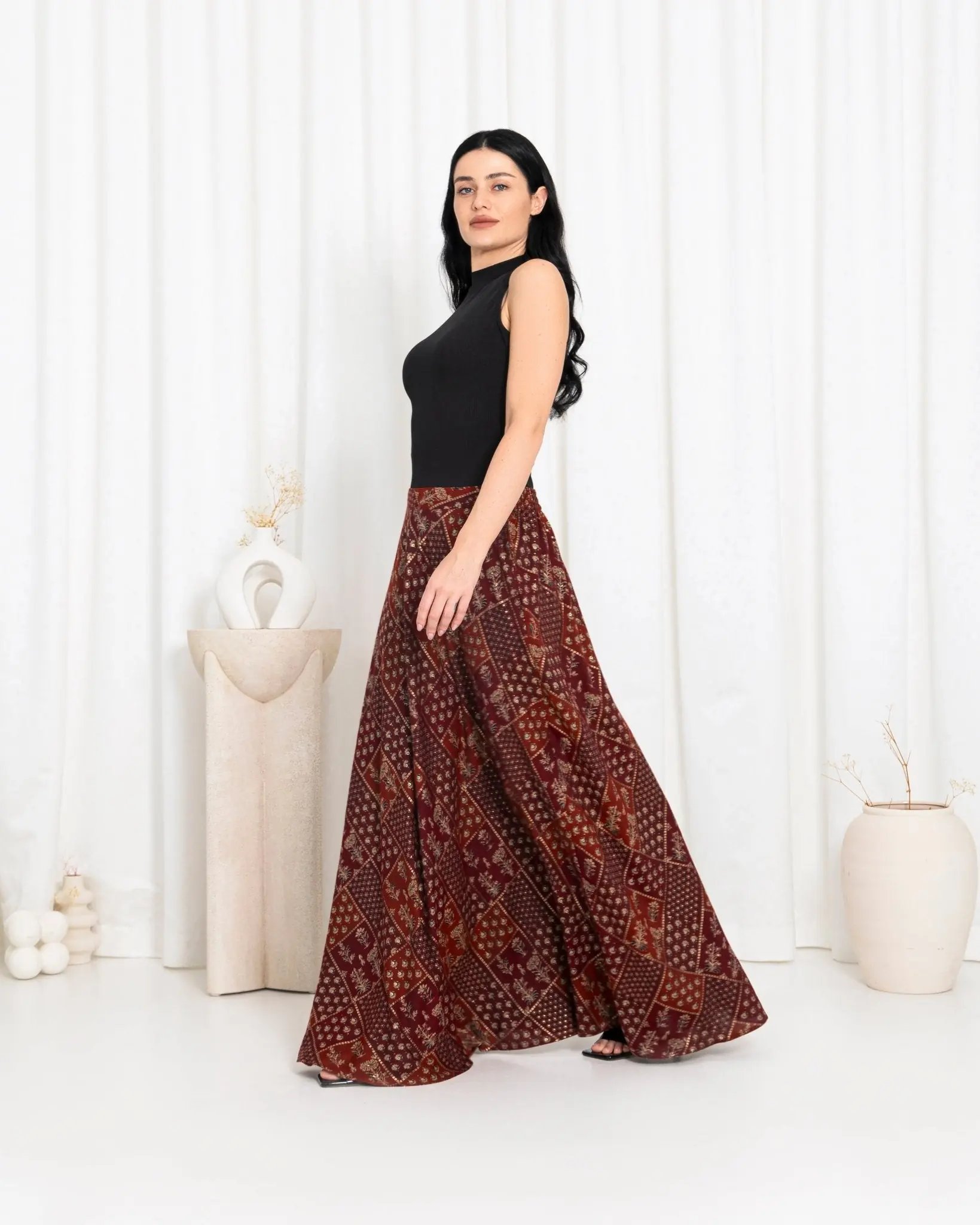 Maroon Floral Check Skirts