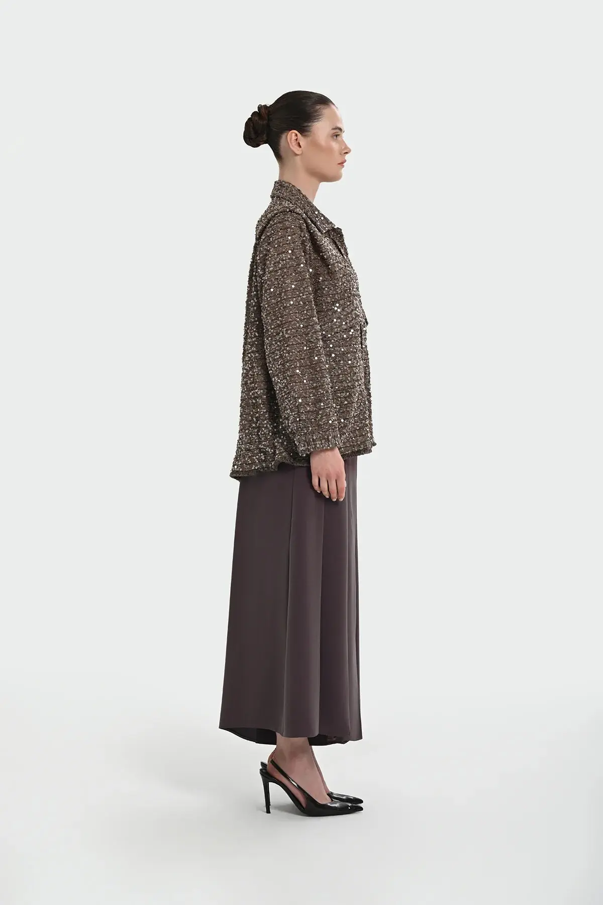 Sequin Embellished Shirt-Collar Jacket — Brown, photo 3