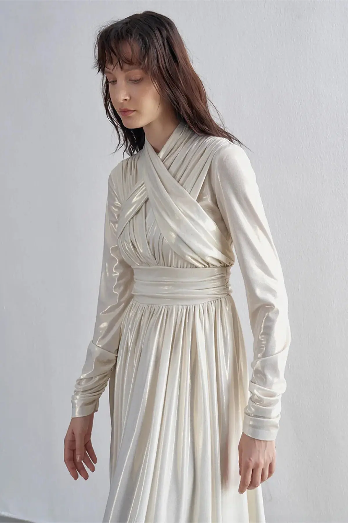 Draped Cross-Band Evening Gown – Ecru, photo 3