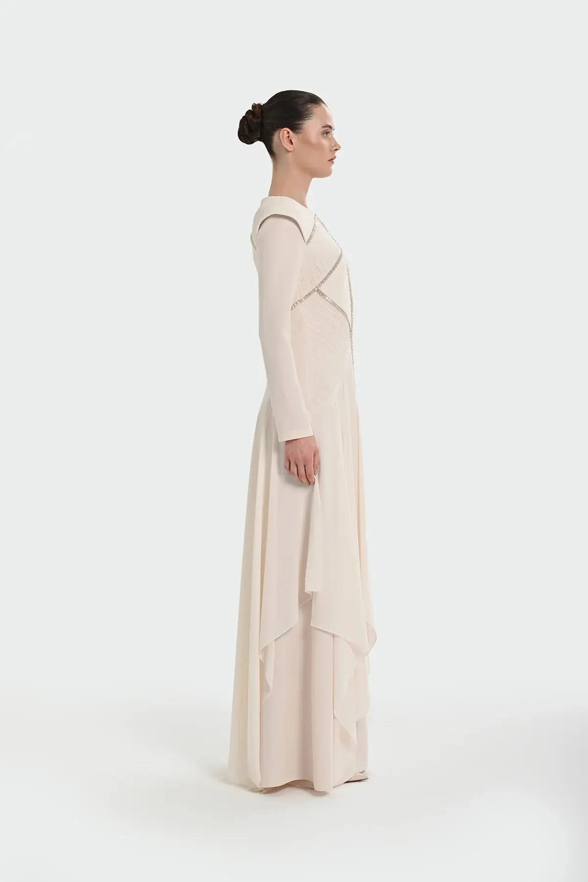 Pleated Evening Dress with Asymmetric Stone Embellishment - Cream, photo 3