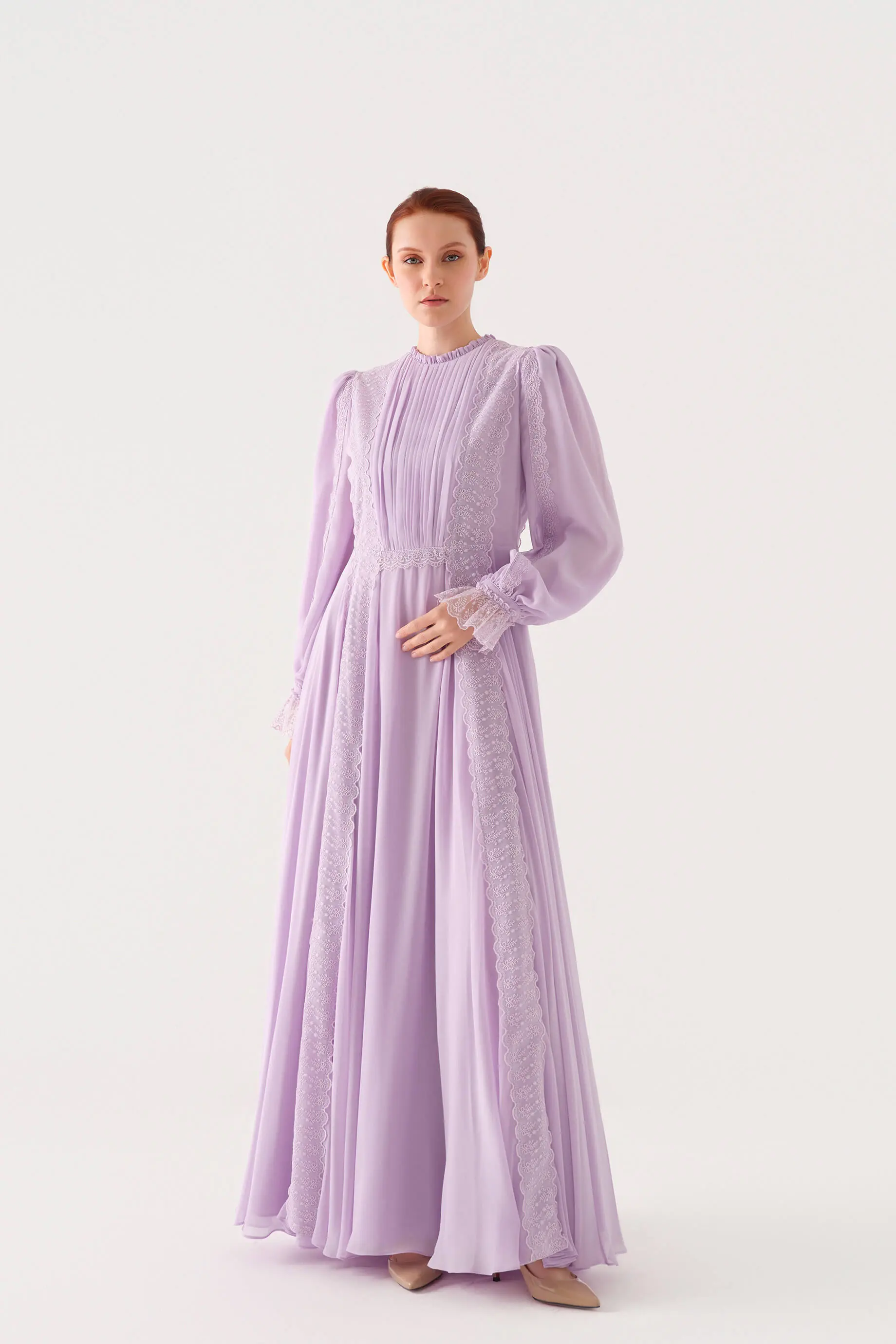 Lace-Trim Pleated-Front Chiffon Maxi Dress – Lilac, photo 5