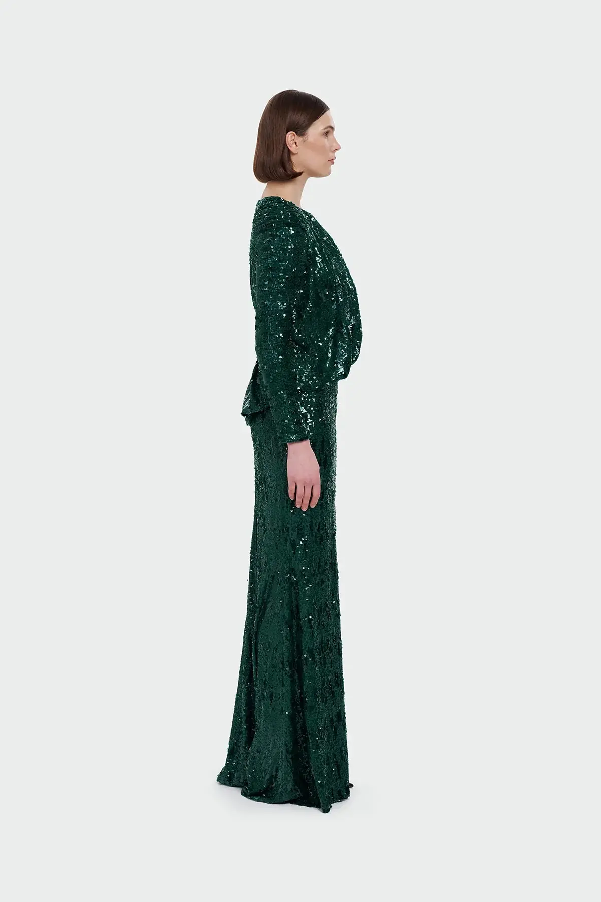 Sequin Long-Sleeve Formal Set with Draped Detail - Emerald Green, photo 3