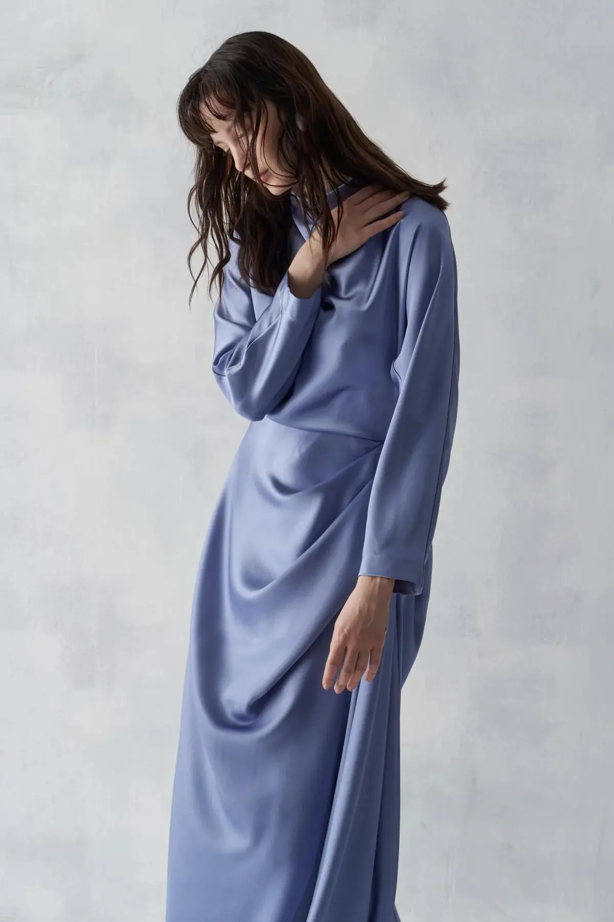 Asymmetric Draped High-Neck Satin Long Evening Dress - Blue, photo 4