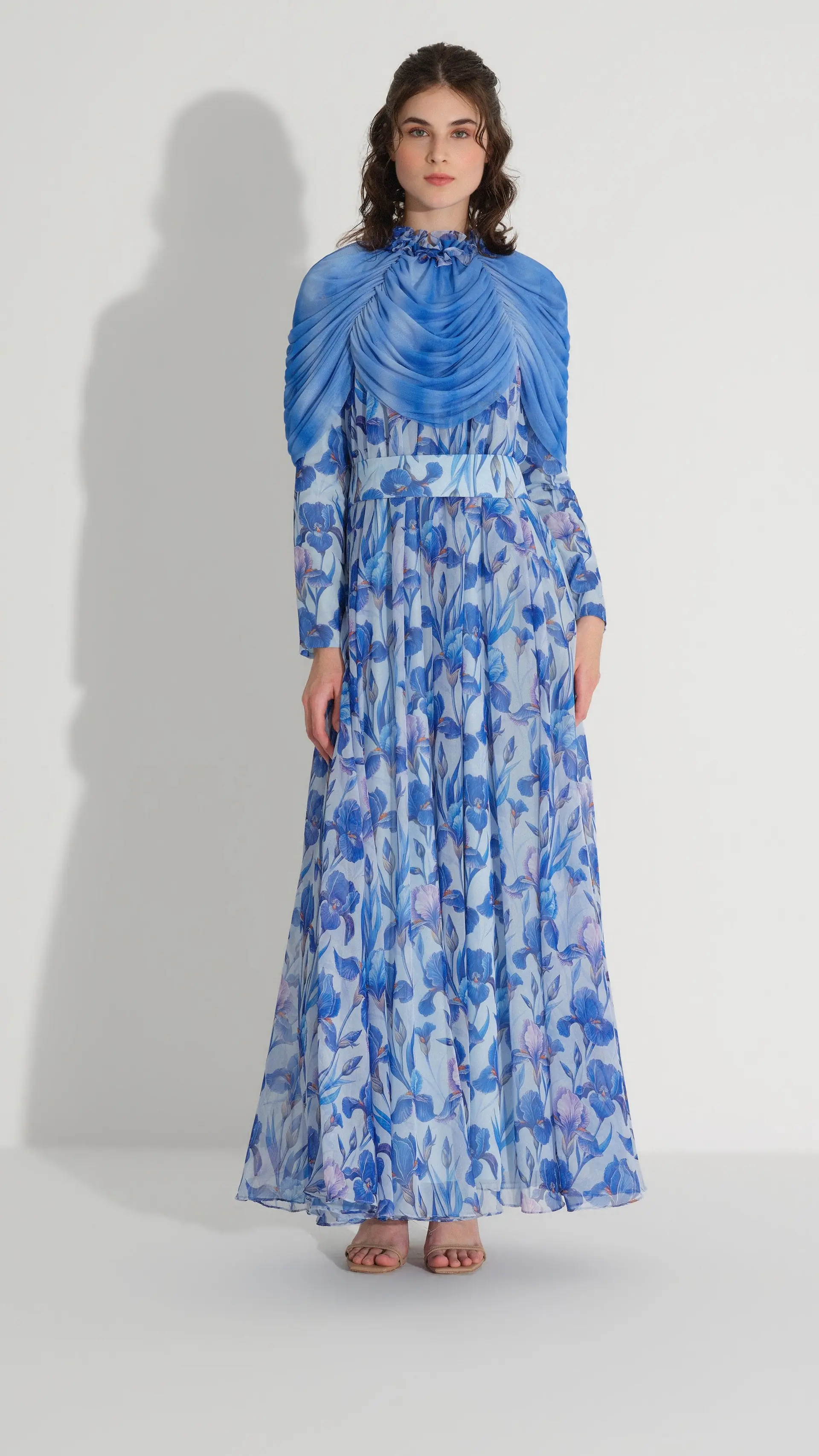 Cape Detail Silk Chiffon Dress – Blue