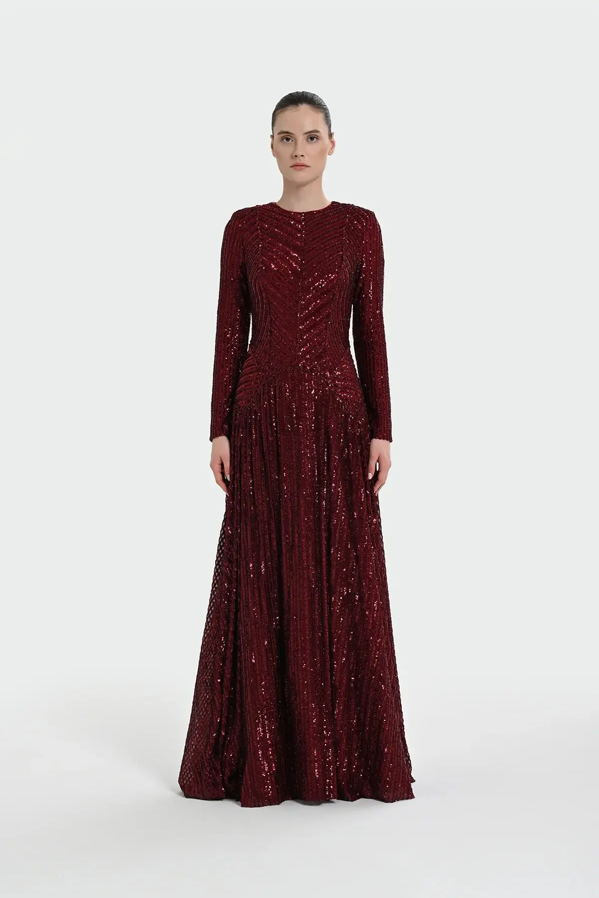 Chevron Sequin Evening Gown - Bordeaux
