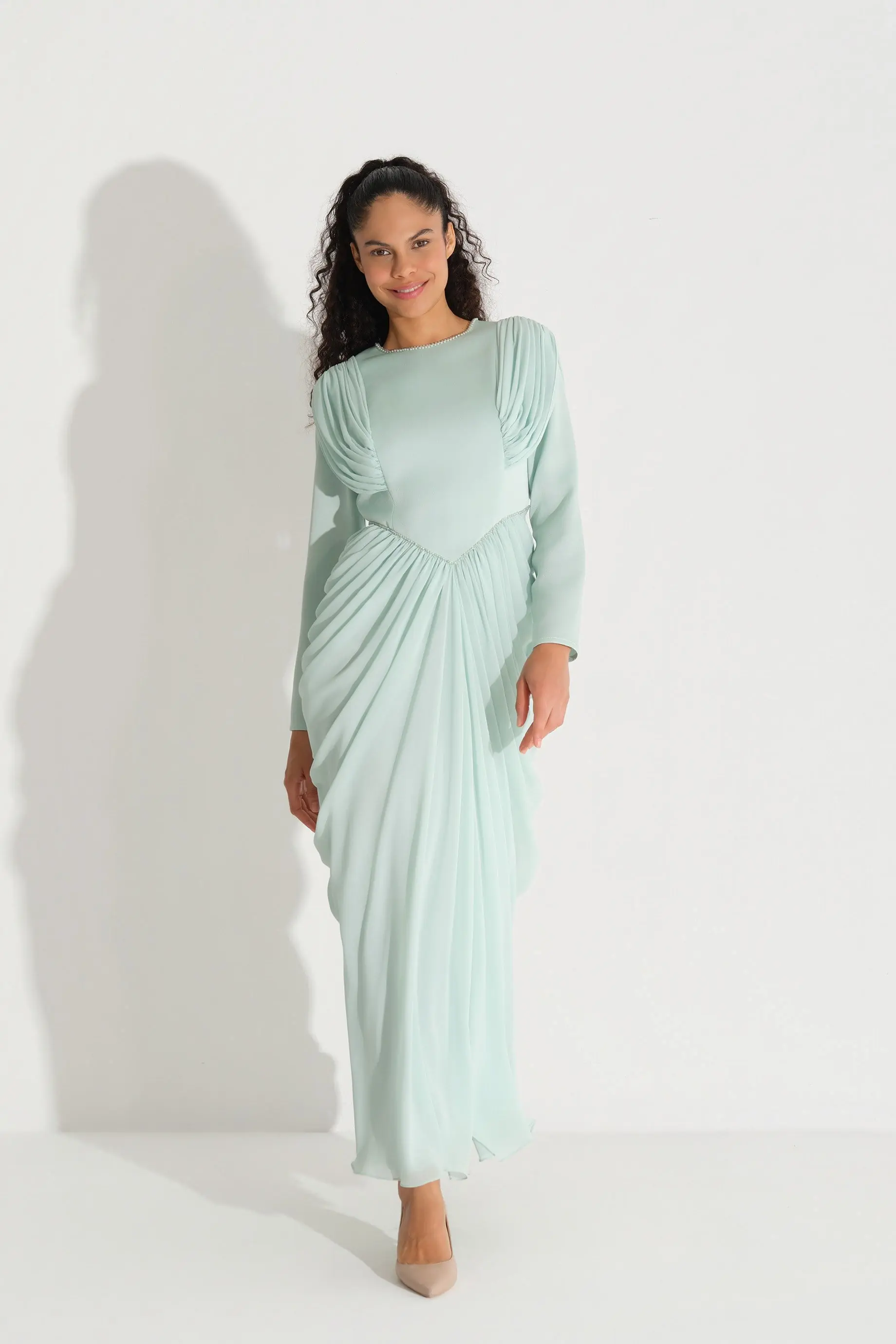 Draped Shoulder & Side Chiffon Dress – Mint, photo 2