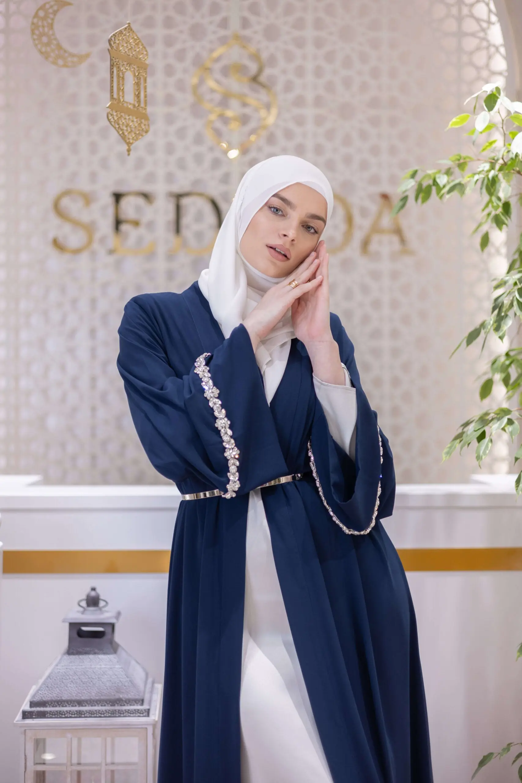 Opulent Silk Embellished Abaya – Navy, photo 3