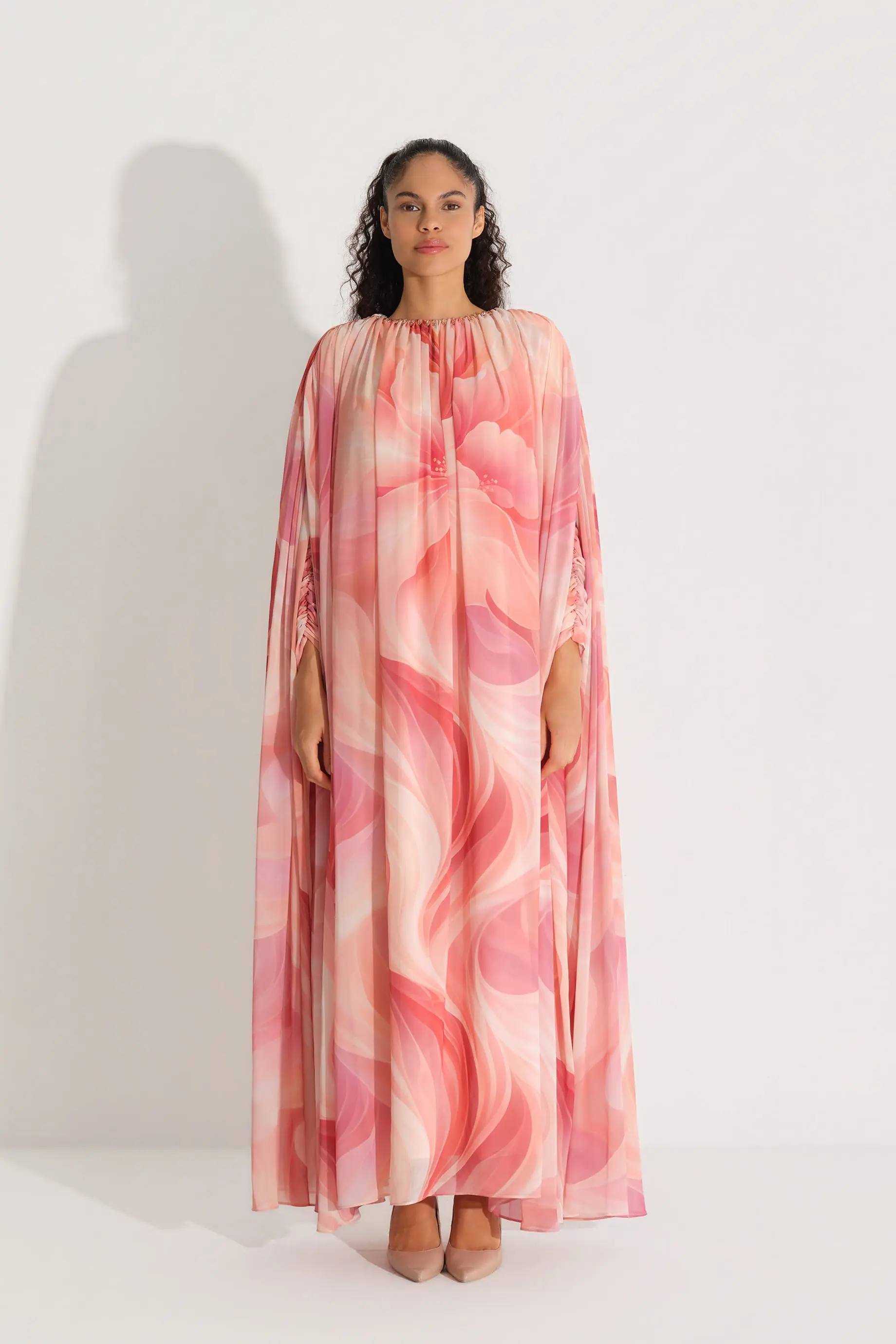Panel Floral Print Chiffon Dress – Peach