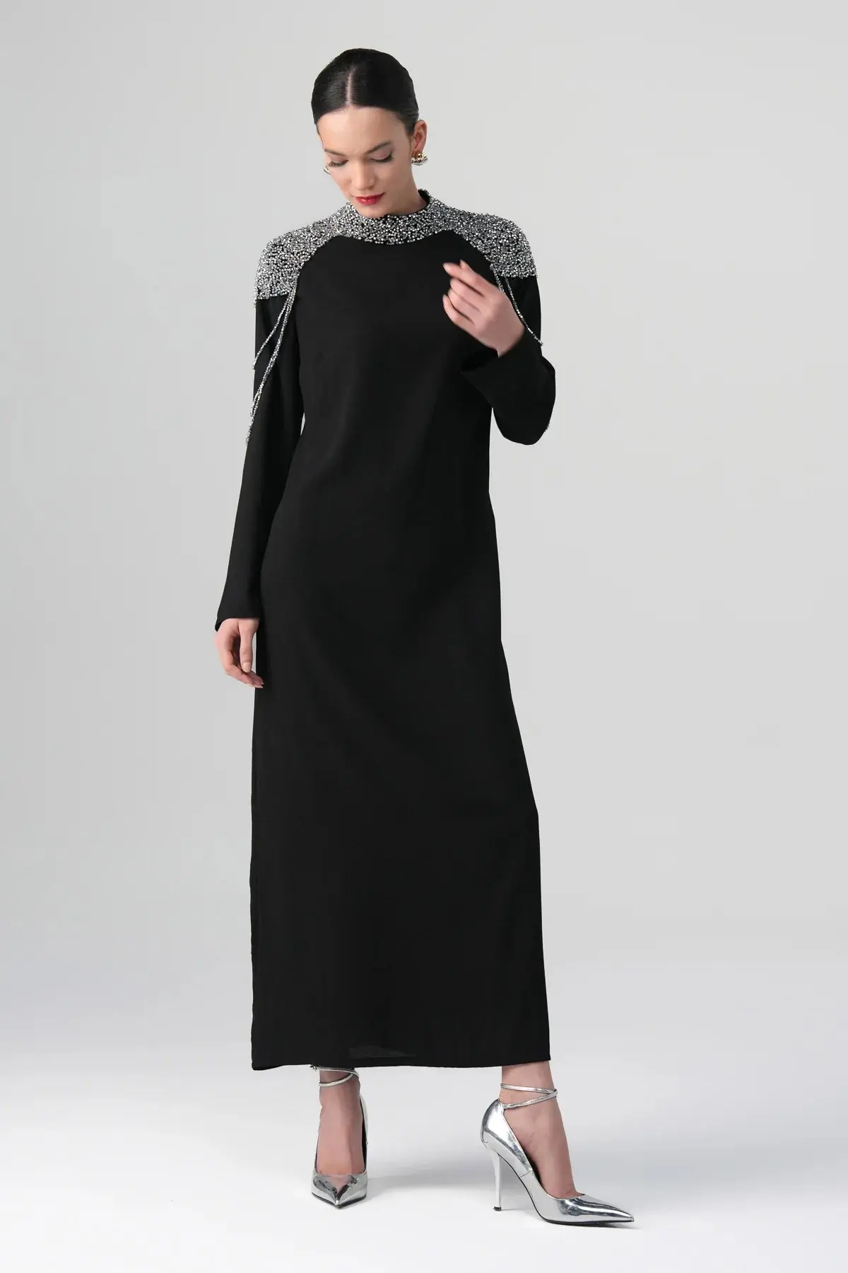 Mirella Crystal Draped Shoulder Dress – Black, photo 6