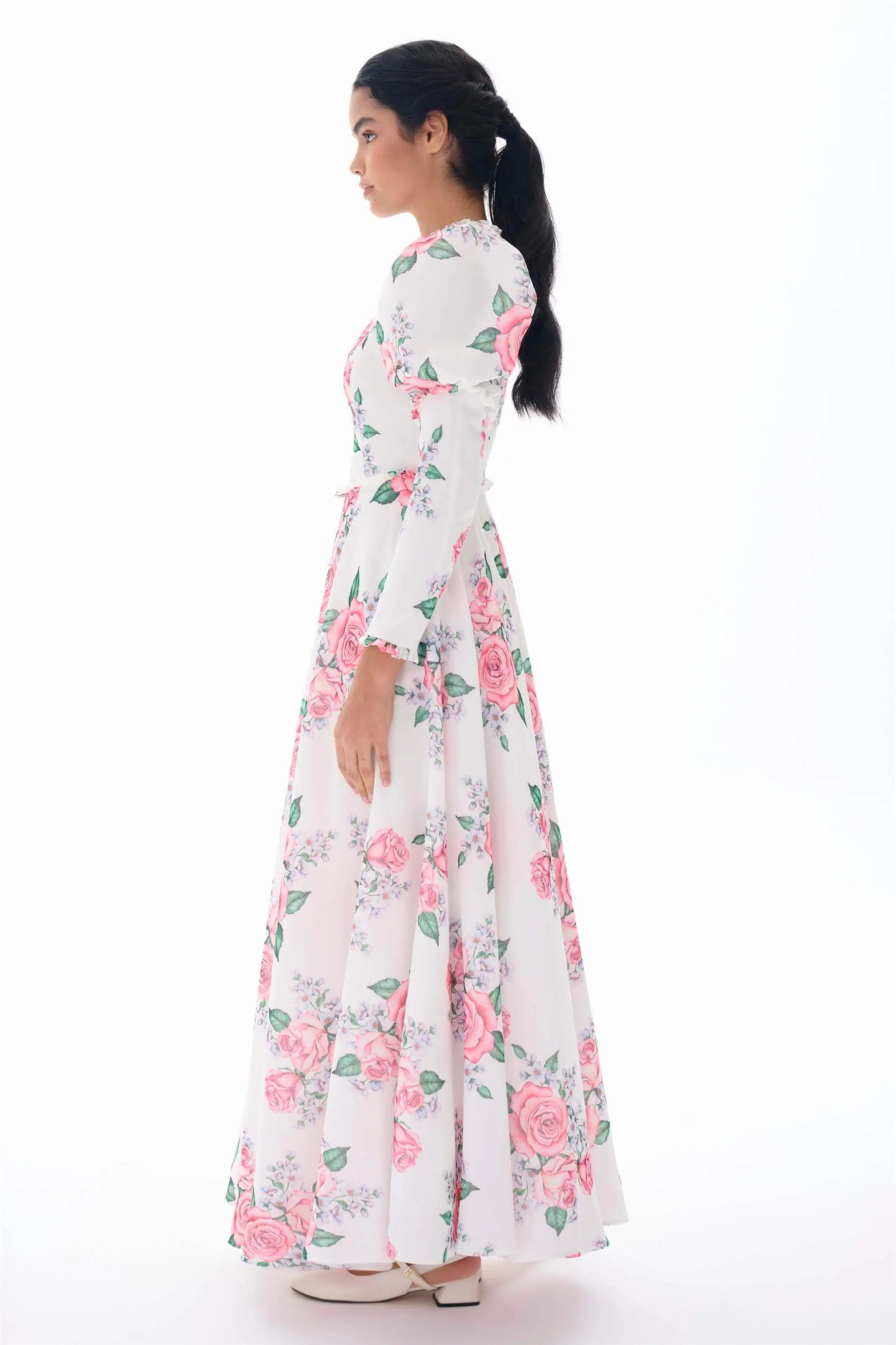 White Puff Sleeve Floral Modest Dress, photo 2