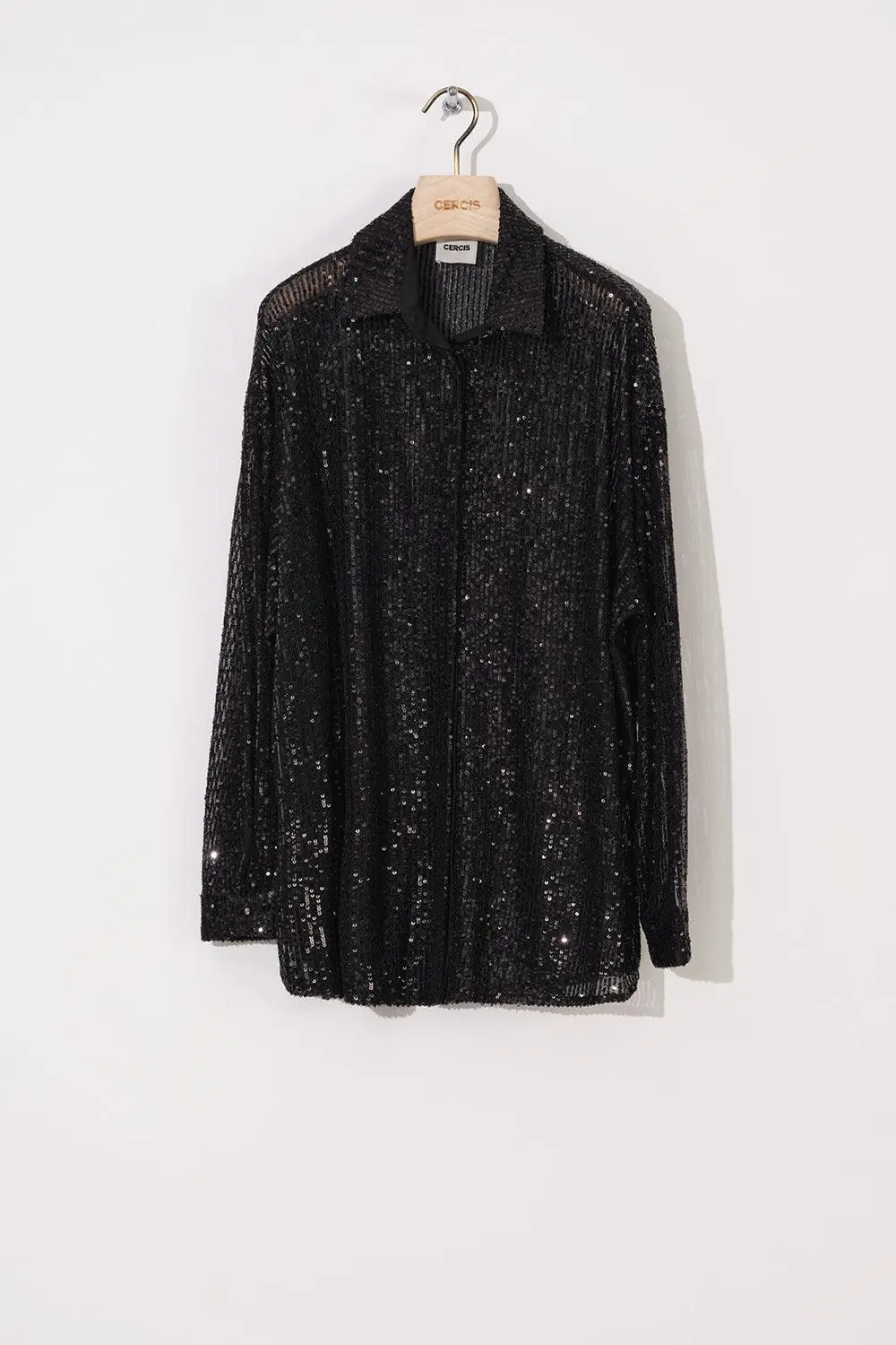 Relaxed-Fit Sequin Shirt with Cuffed Sleeves – Black