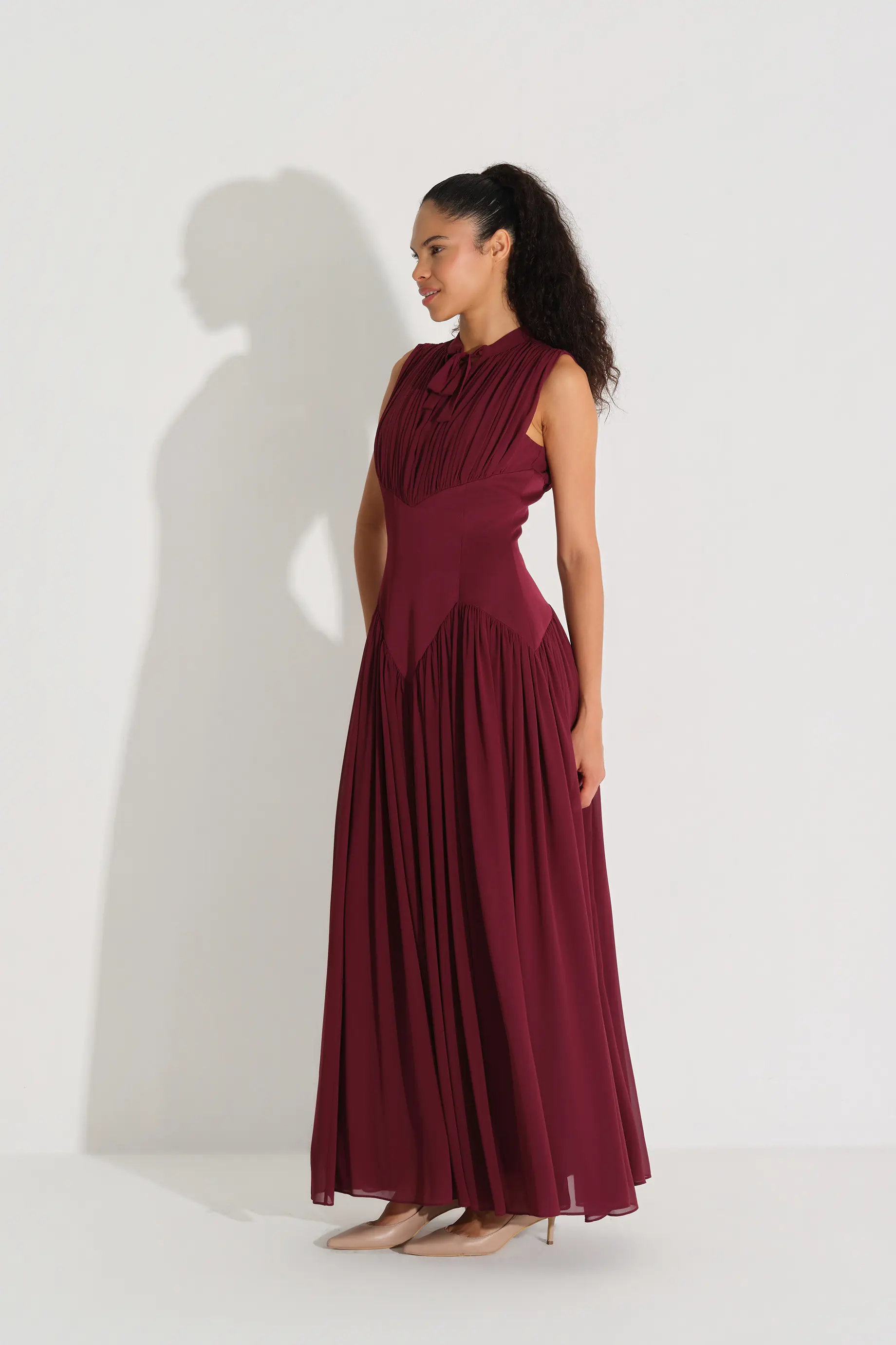 BEL FORMU KORSE İŞLEMELİ ŞİFON KREP ELBİSE Bordo, photo 4