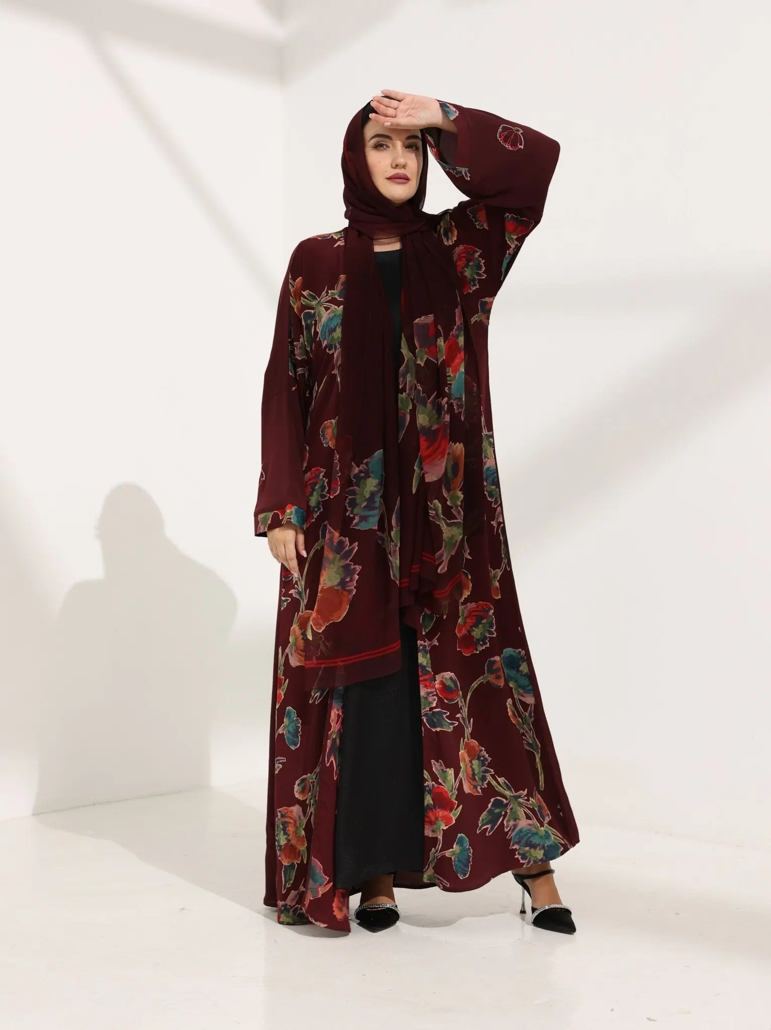 Kashmir Bloom Abaya – Burgundy Garden Floral Edition
