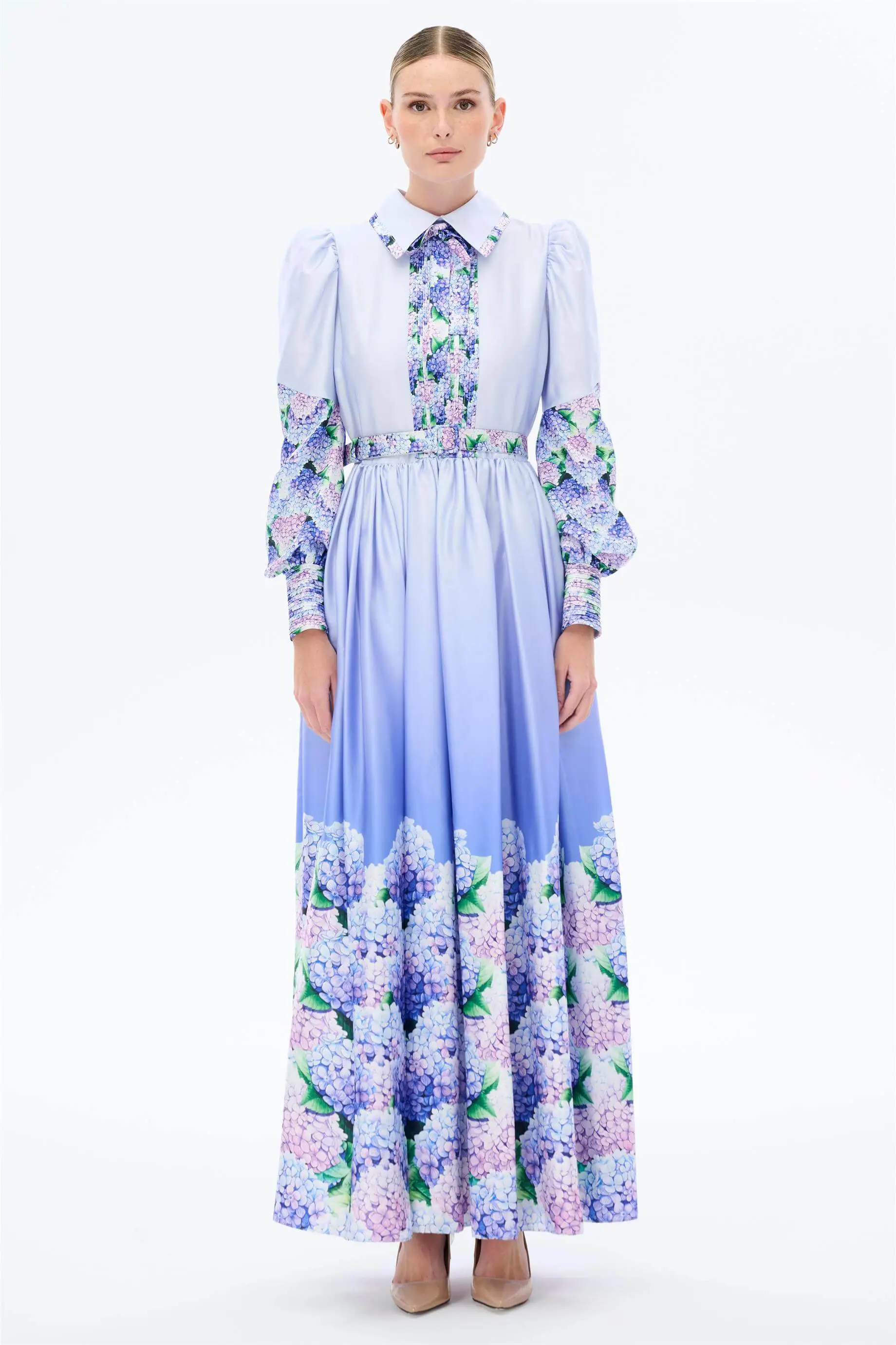 Lilac Hydrangea-Print Maxi Dress