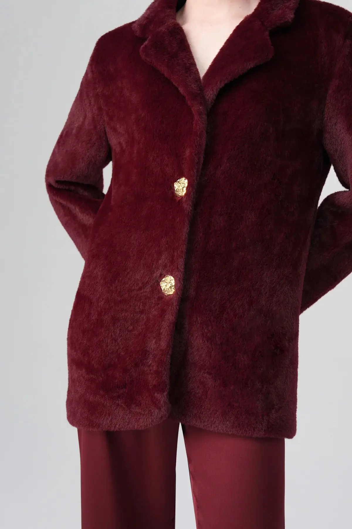 Marcel Evening Faux Fur Coat – Burgundy, photo 3