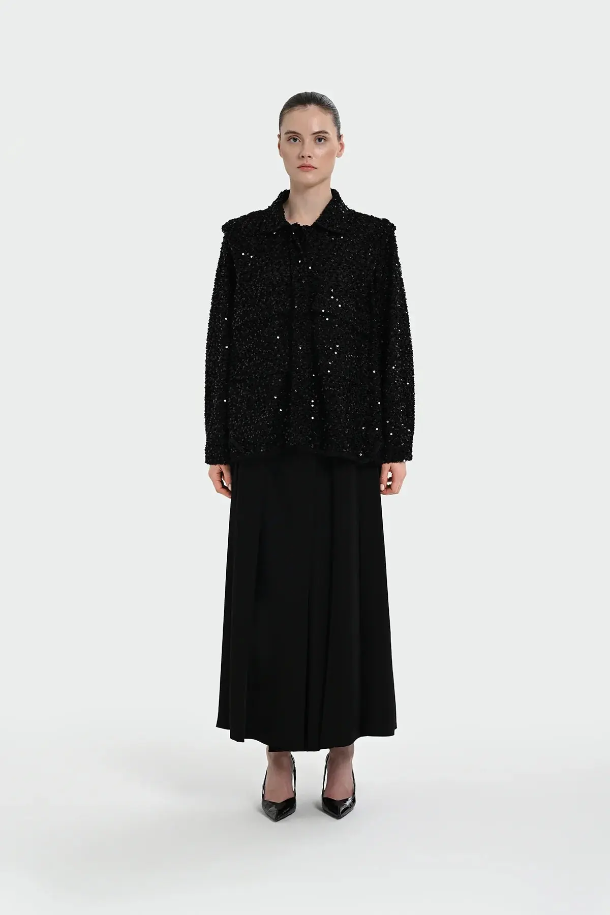 Sequin Embellished Shirt-Collar Jacket — Black