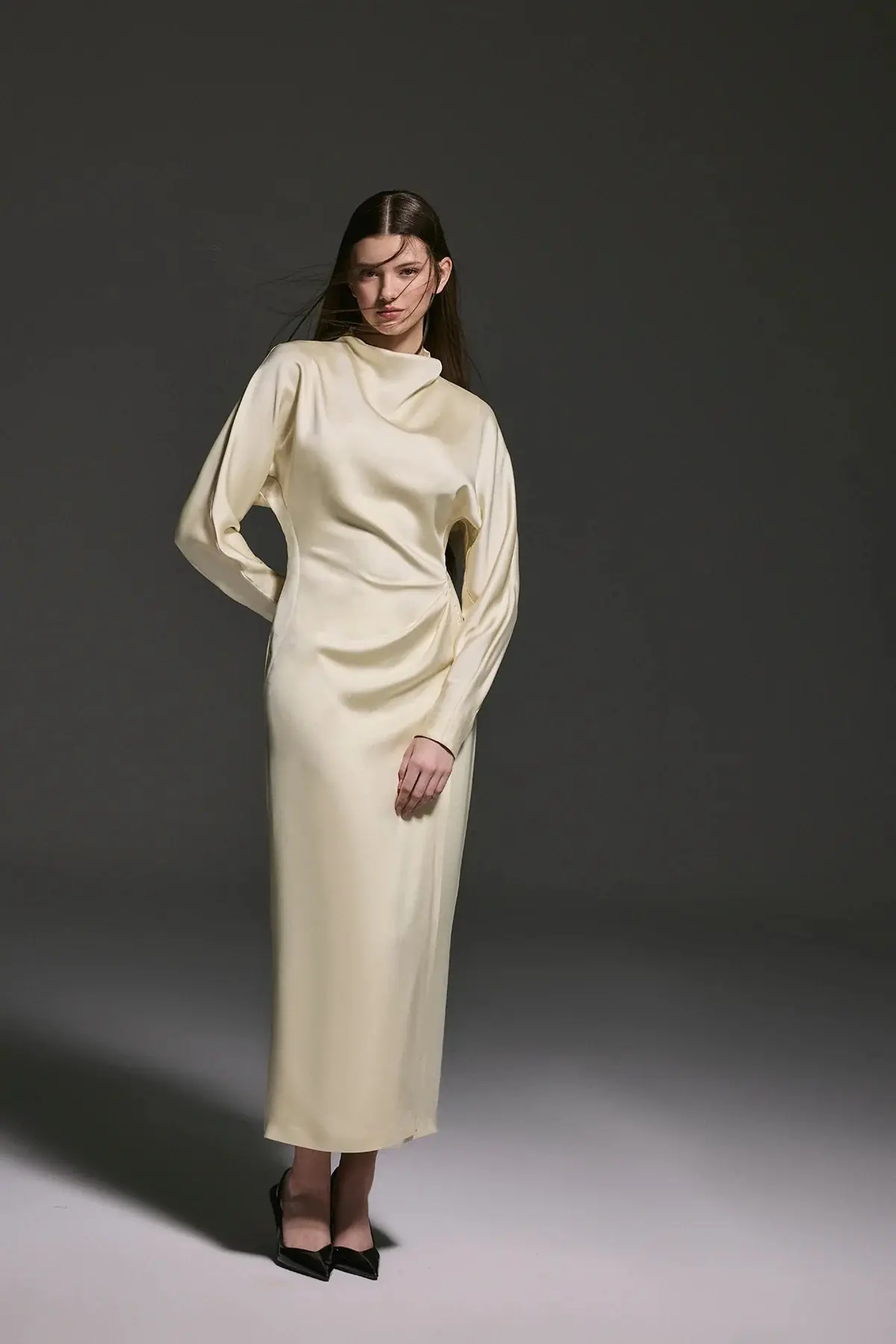 Ruched Waist Satin Midi Dress - Yellow, photo 5