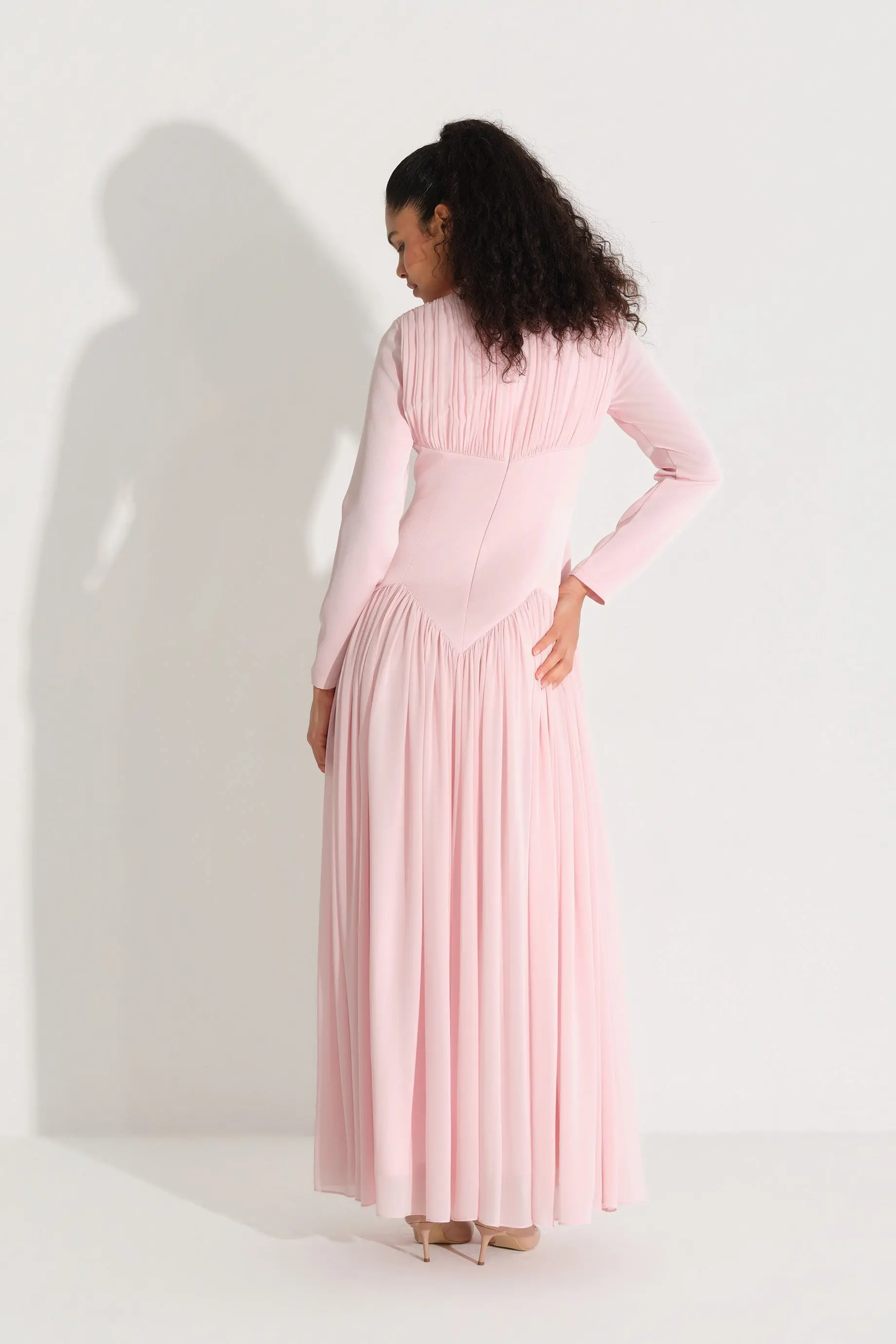 Bow-Neck Corset-Detail Chiffon Dress with Long Sleeves - Pink, photo 5