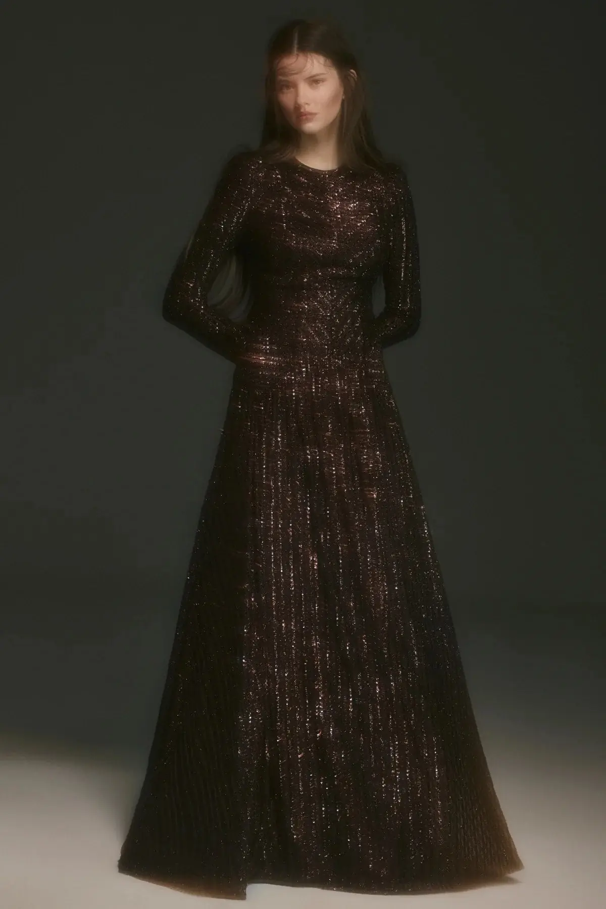 Chevron Sequin Evening Gown - Brown