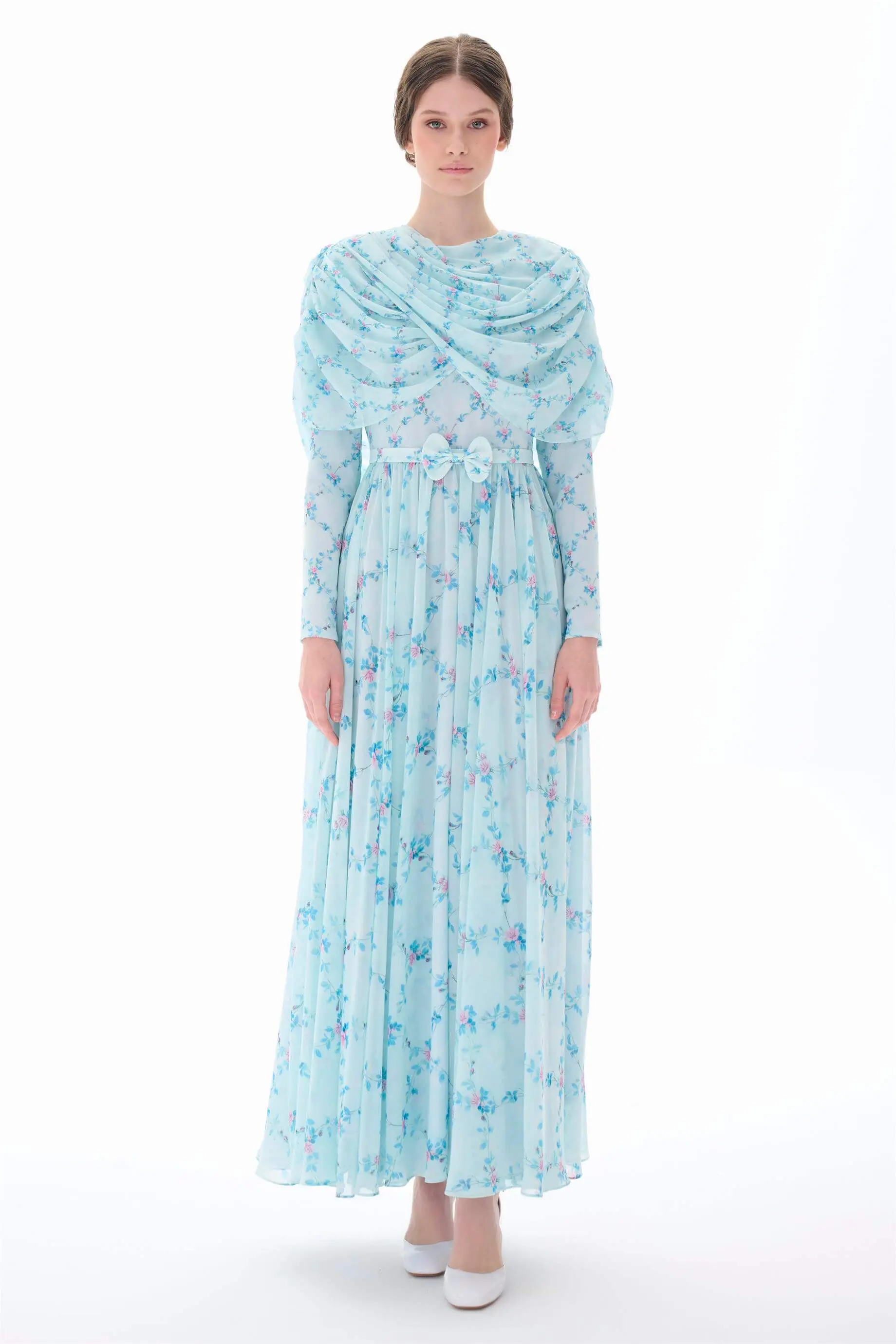 Cape-Detail Long Dress – Blue