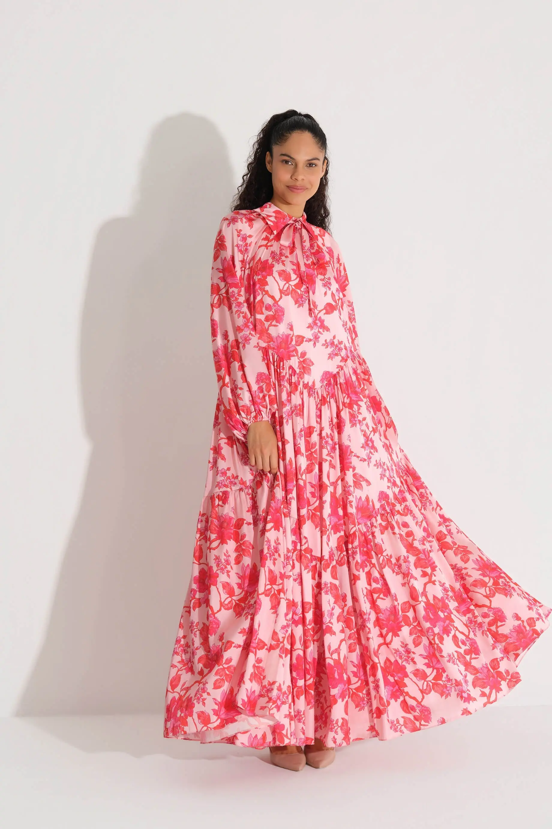 Bow-Neck Floral Satin Chiffon Dress – Red, photo 3