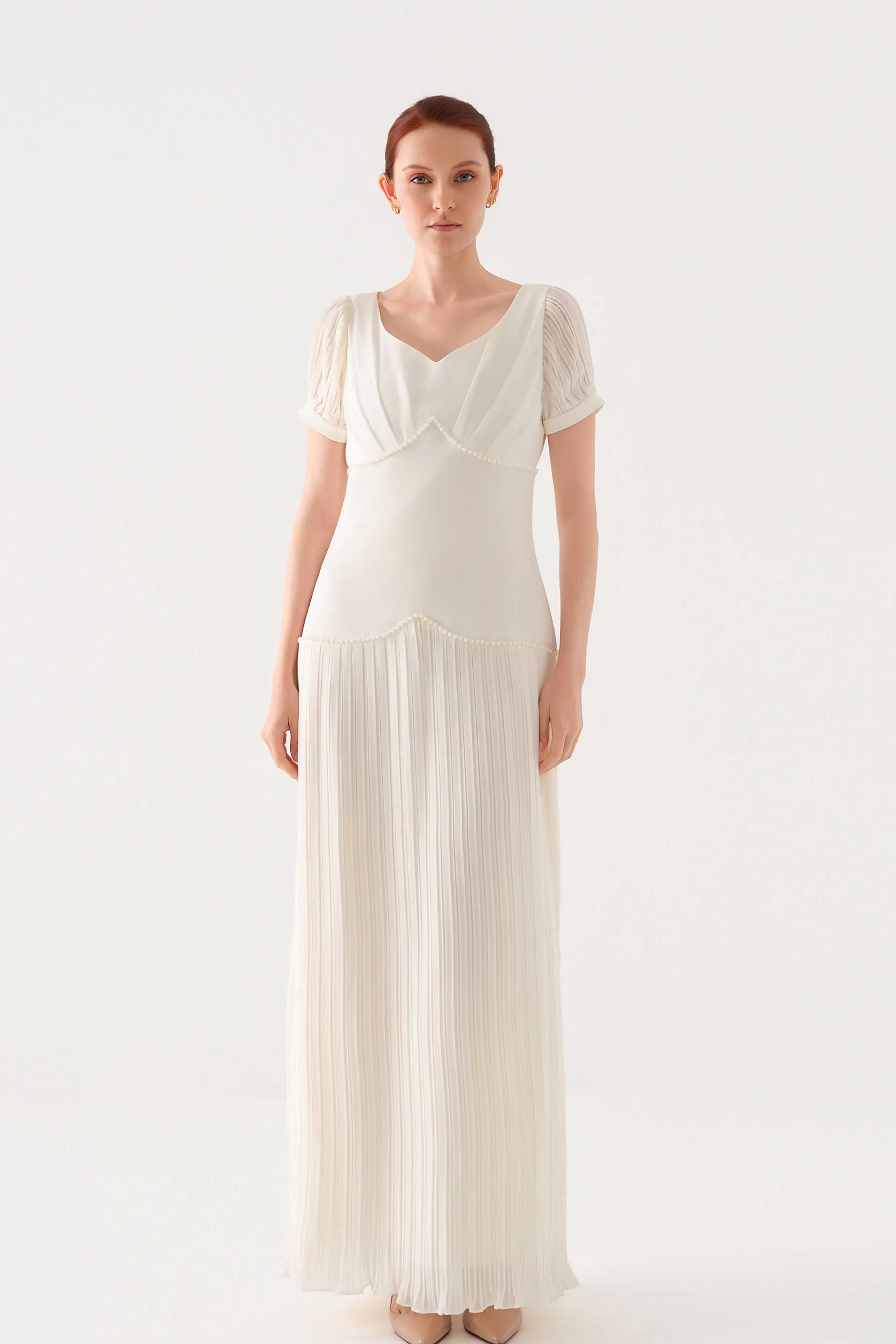 Embellished-Waist Pleated Chiffon Crepe Maxi Dress – Ecru