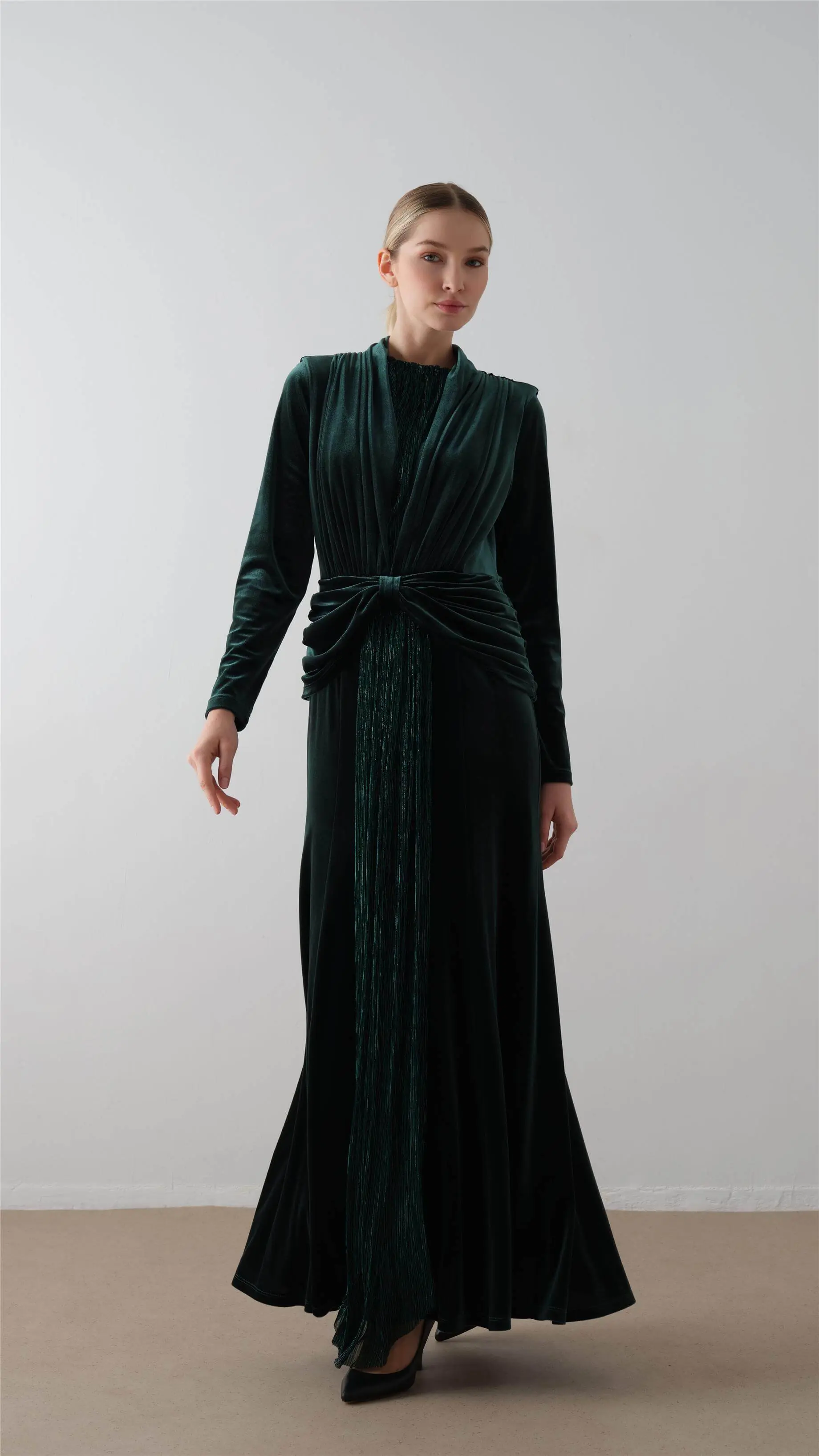 Front-Draped Velvet Dress – Emerald Green