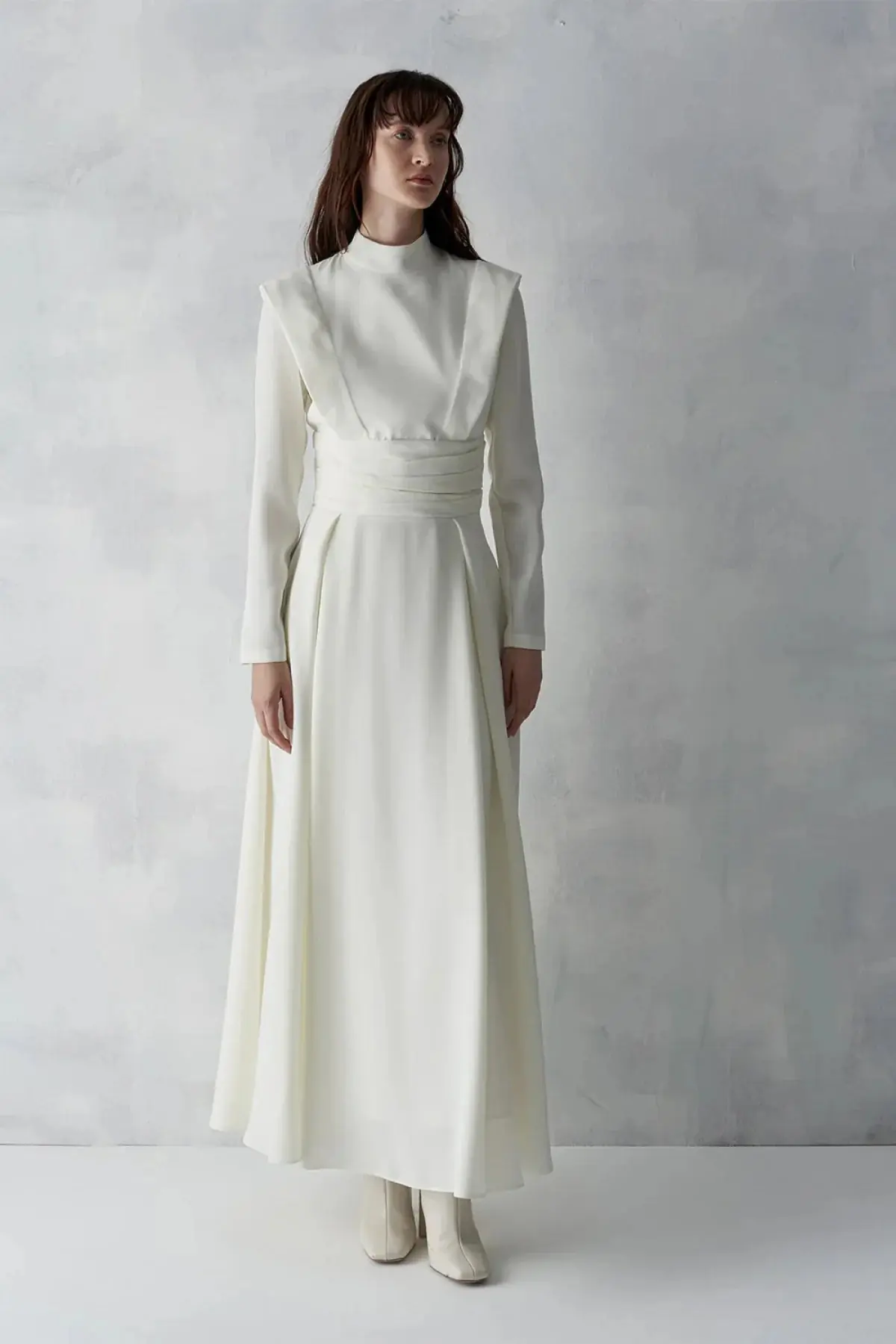 Draped Waist Long Evening Dress - Ivory, photo 2