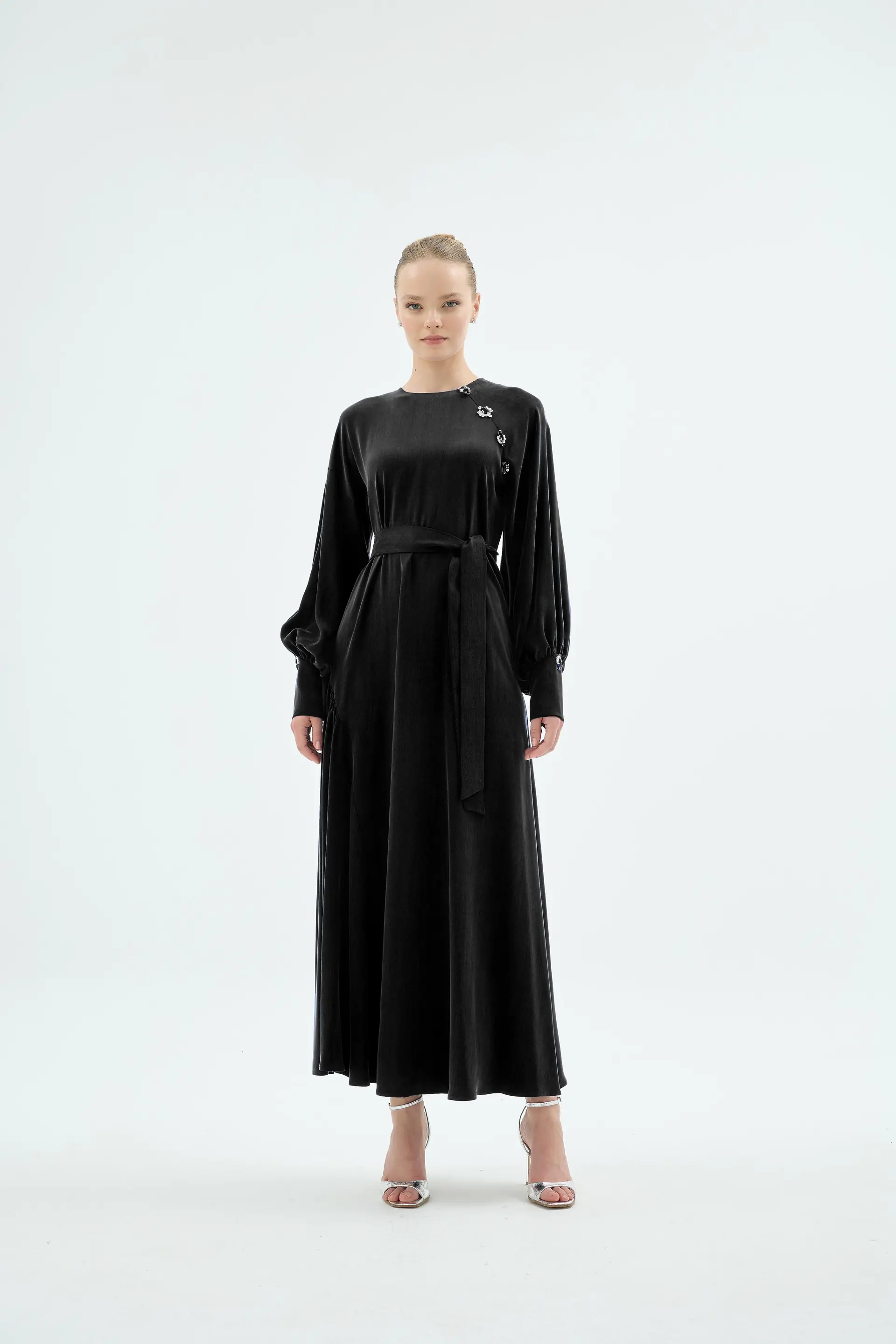 Belted Balloon Sleeve Dress – Black
