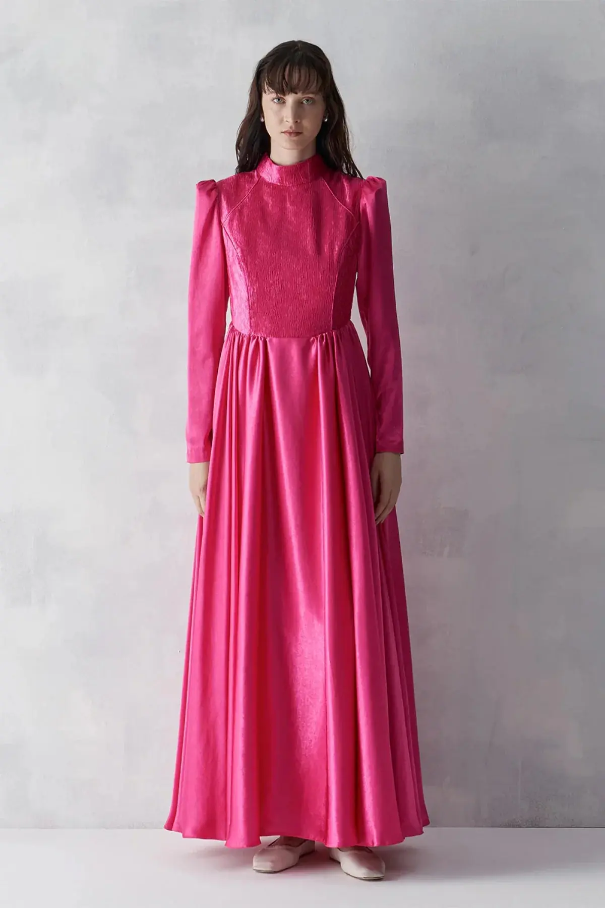 High Neck Textured Bodice Evening Gown – Fuchsia