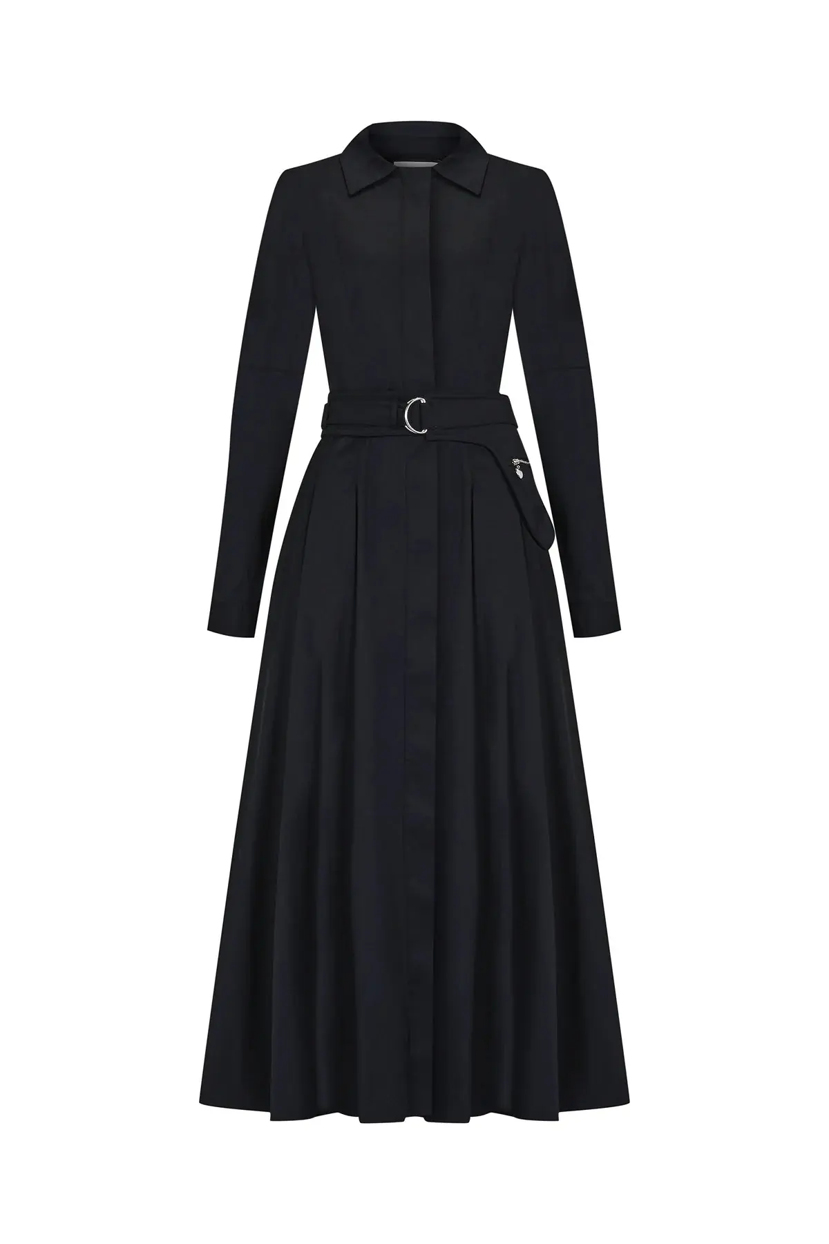 Belted Shirt-Collar Midi Dress – Black