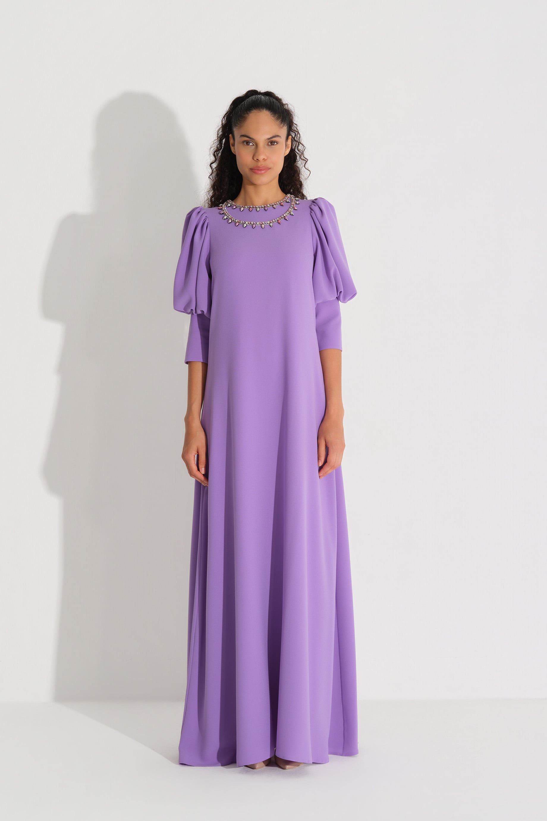 Stone-Embellished Neck Crepe Dress – Lilac